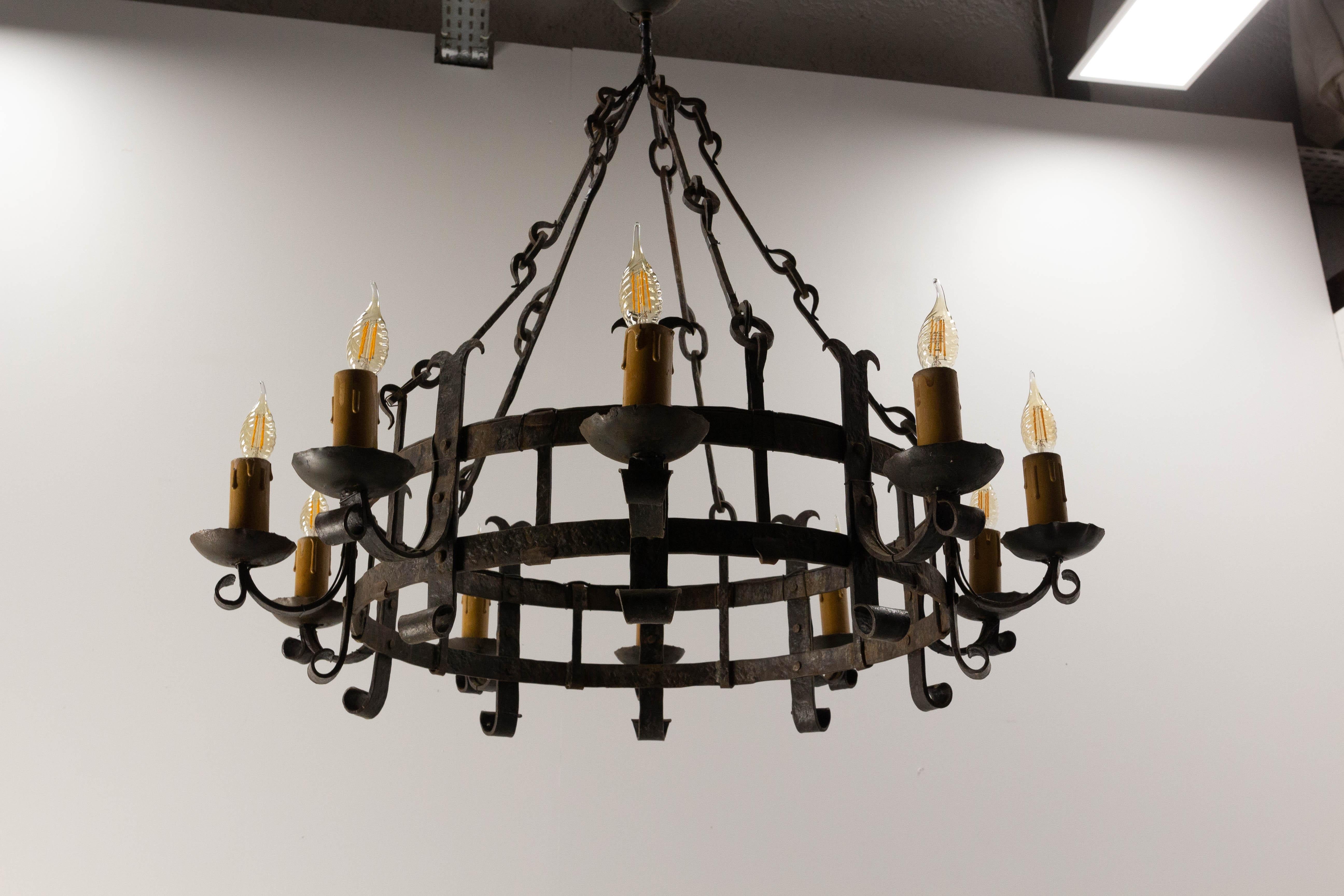 French Chandelier Ceiling Pendant Lustre Ten Lamps Wrought Iron, C. 1960 In Good Condition In Labrit, Landes