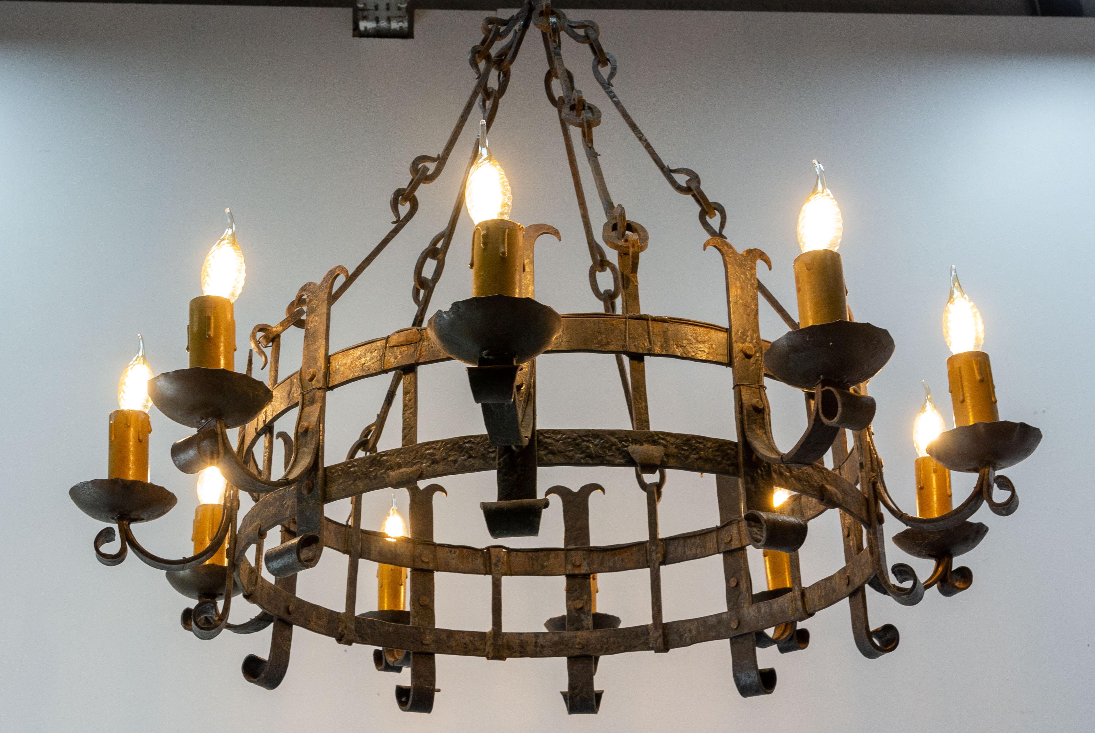 20th Century French Chandelier Ceiling Pendant Lustre Ten Lamps Wrought Iron, C. 1960