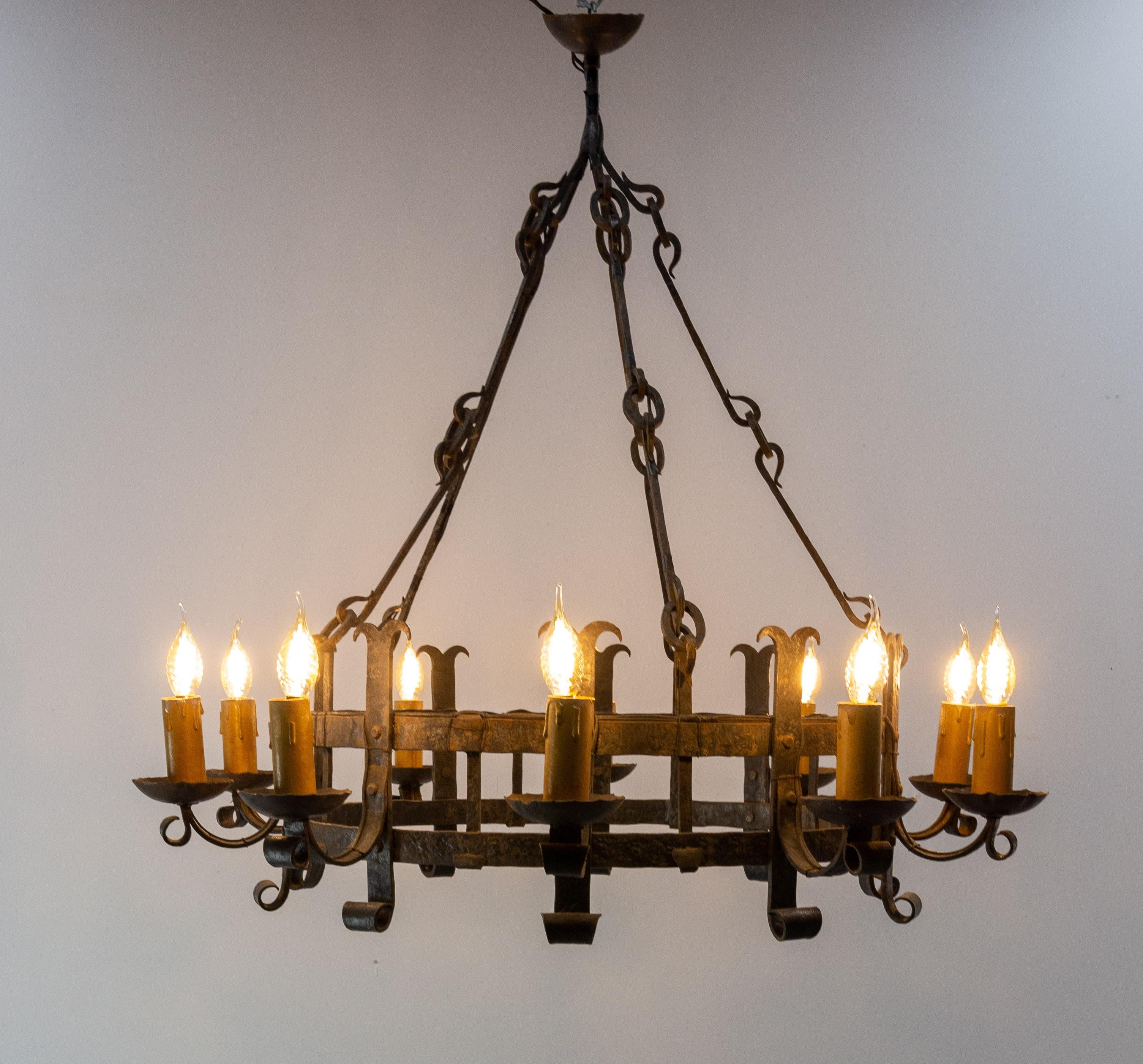 French Chandelier Ceiling Pendant Lustre Ten Lamps Wrought Iron, C. 1960 1