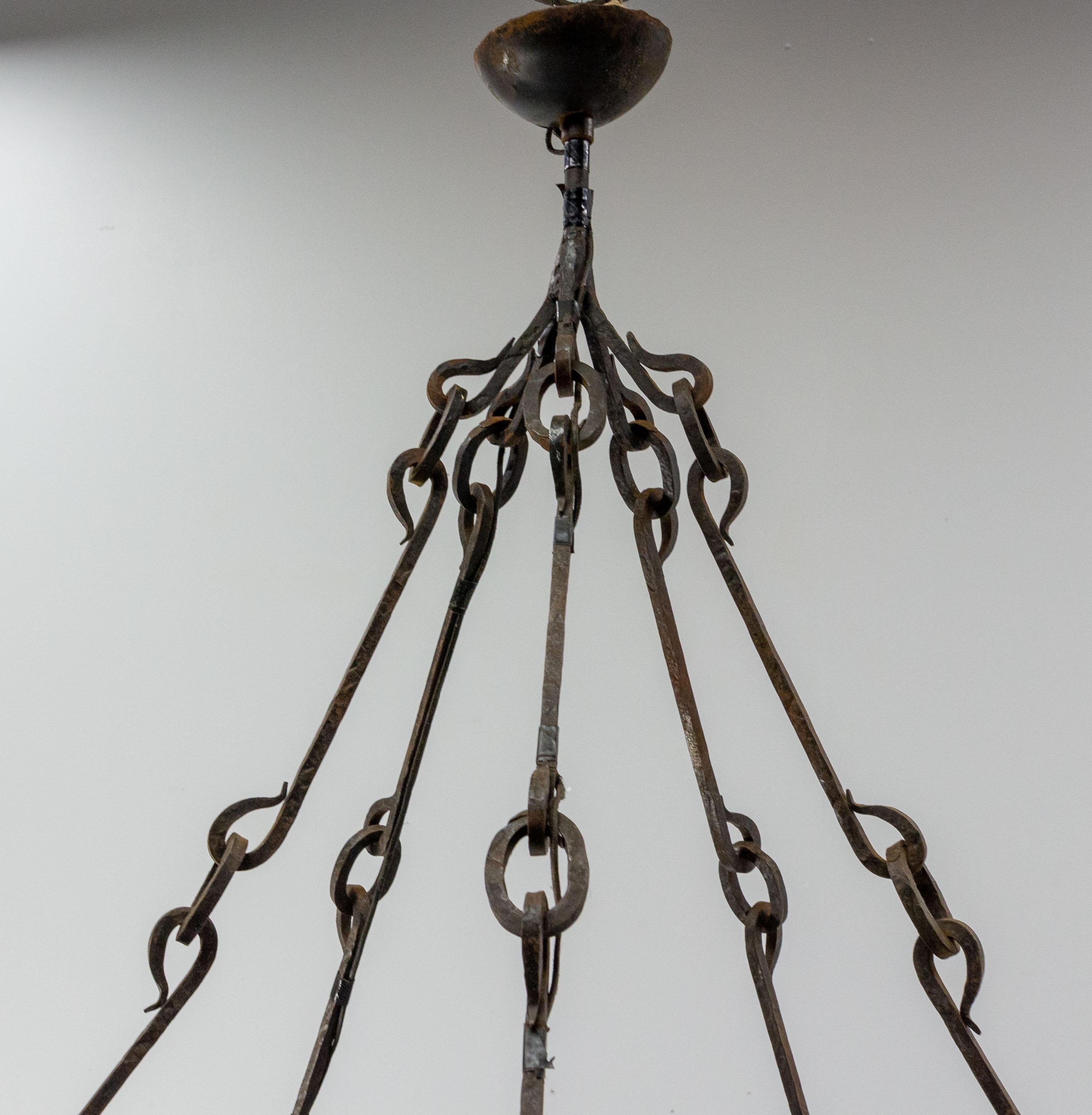 French Chandelier Ceiling Pendant Lustre Ten Lamps Wrought Iron, C. 1960 2