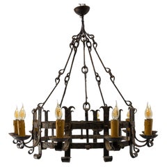 Vintage French Chandelier Ceiling Pendant Lustre Ten Lamps Wrought Iron, C. 1960