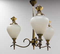 French Chandelier Ceiling Pendant Lustre Three Lamps Glass and Brass, c. 1960