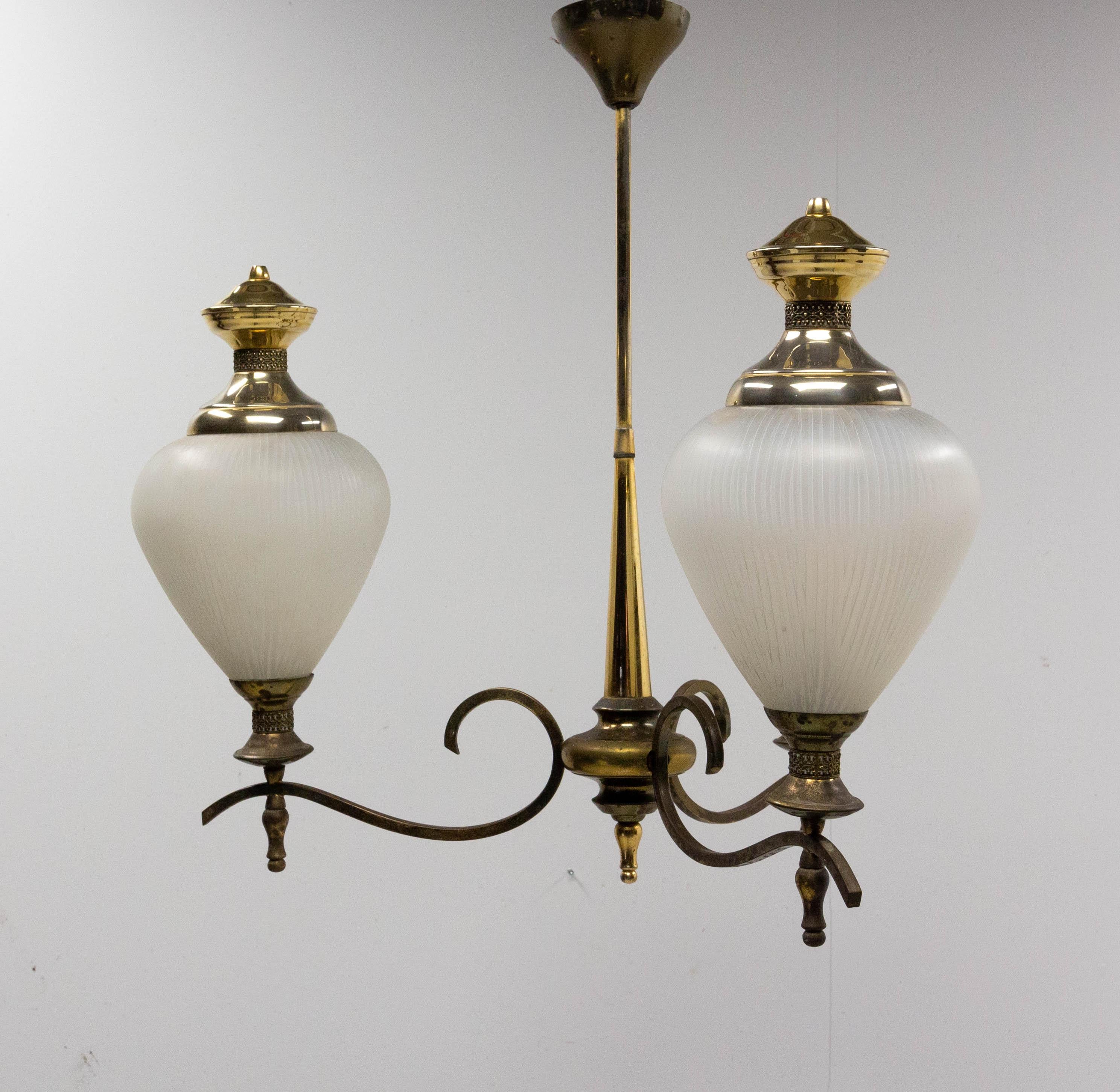 Mid-Century Modern French Chandelier Ceiling Pendant Lustre Three Lamps Glass and Brass, c. 1960 For Sale