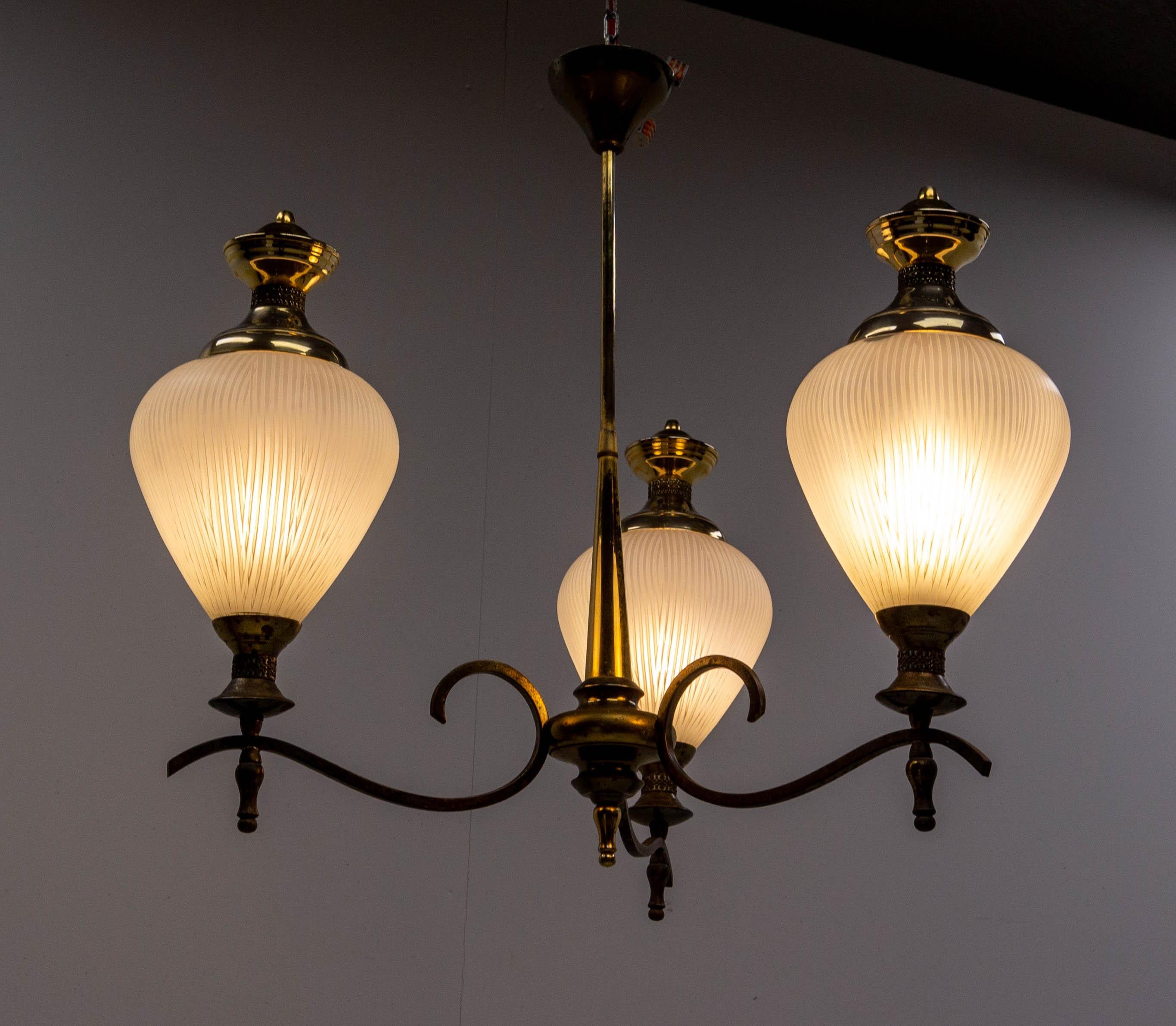 20th Century French Chandelier Ceiling Pendant Lustre Three Lamps Glass and Brass, c. 1960 For Sale