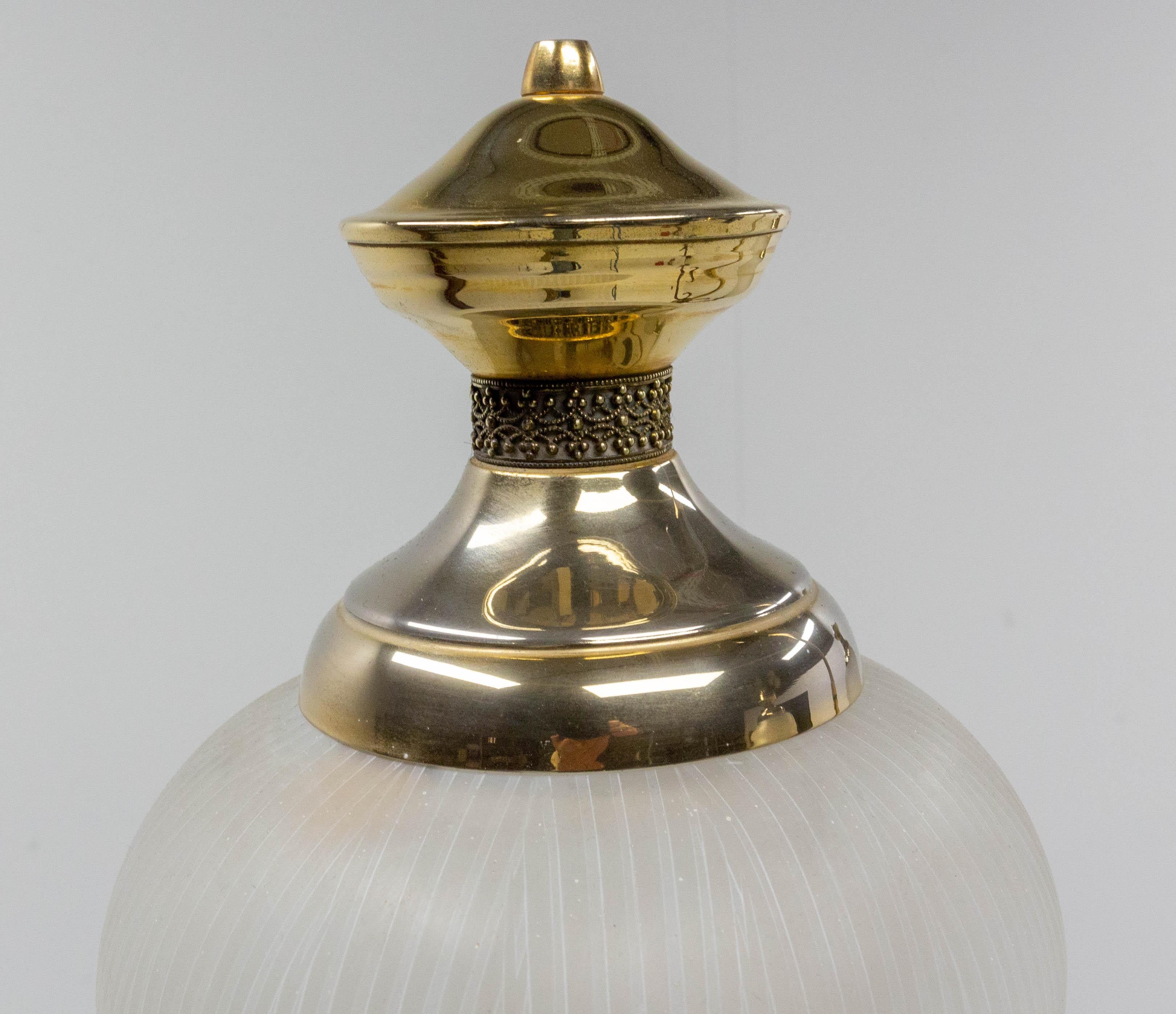 French Chandelier Ceiling Pendant Lustre Three Lamps Glass and Brass, c. 1960 For Sale 4