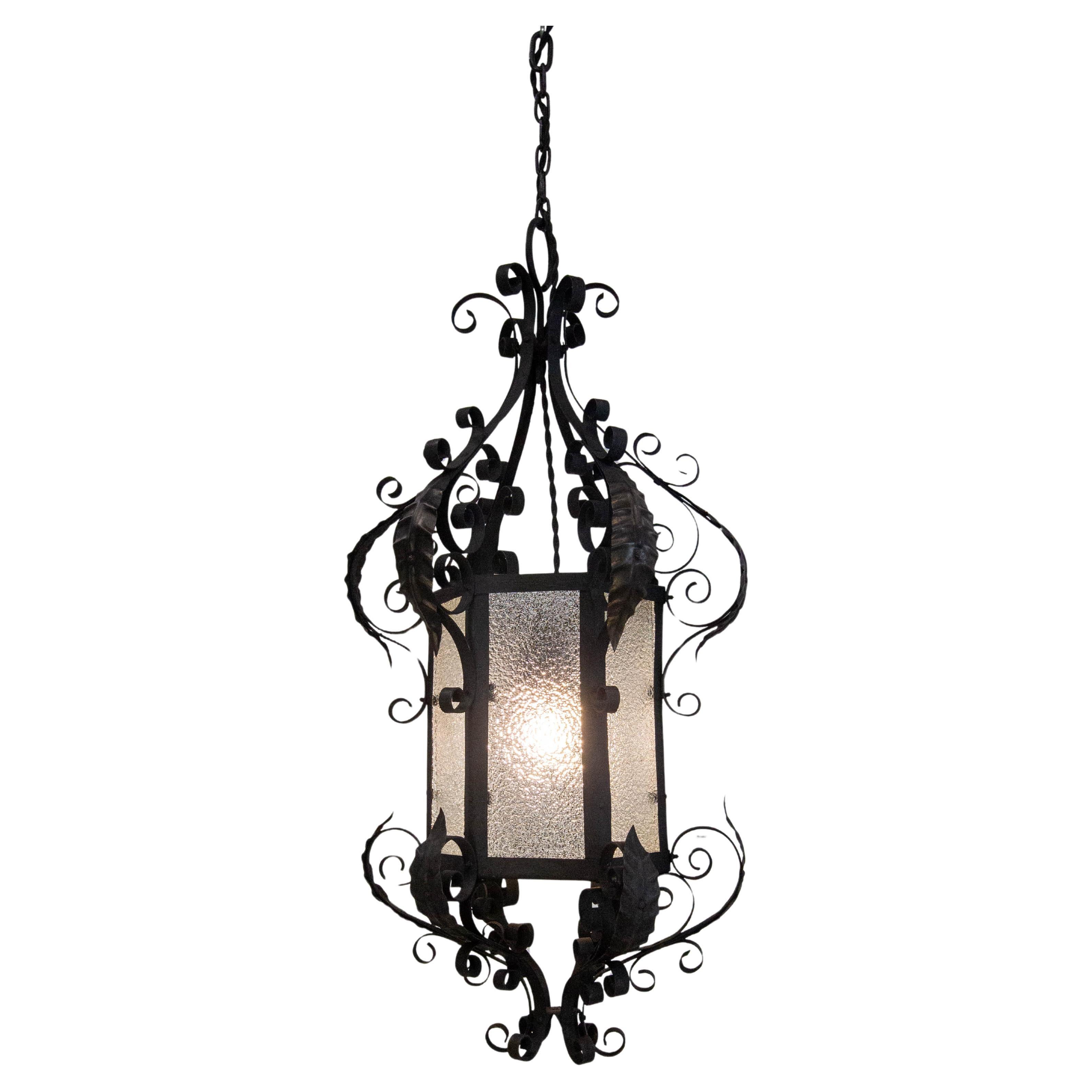French Chandelier Ceiling Pendant Lustre Wrought Iron 
Granita Glass circa 1900
