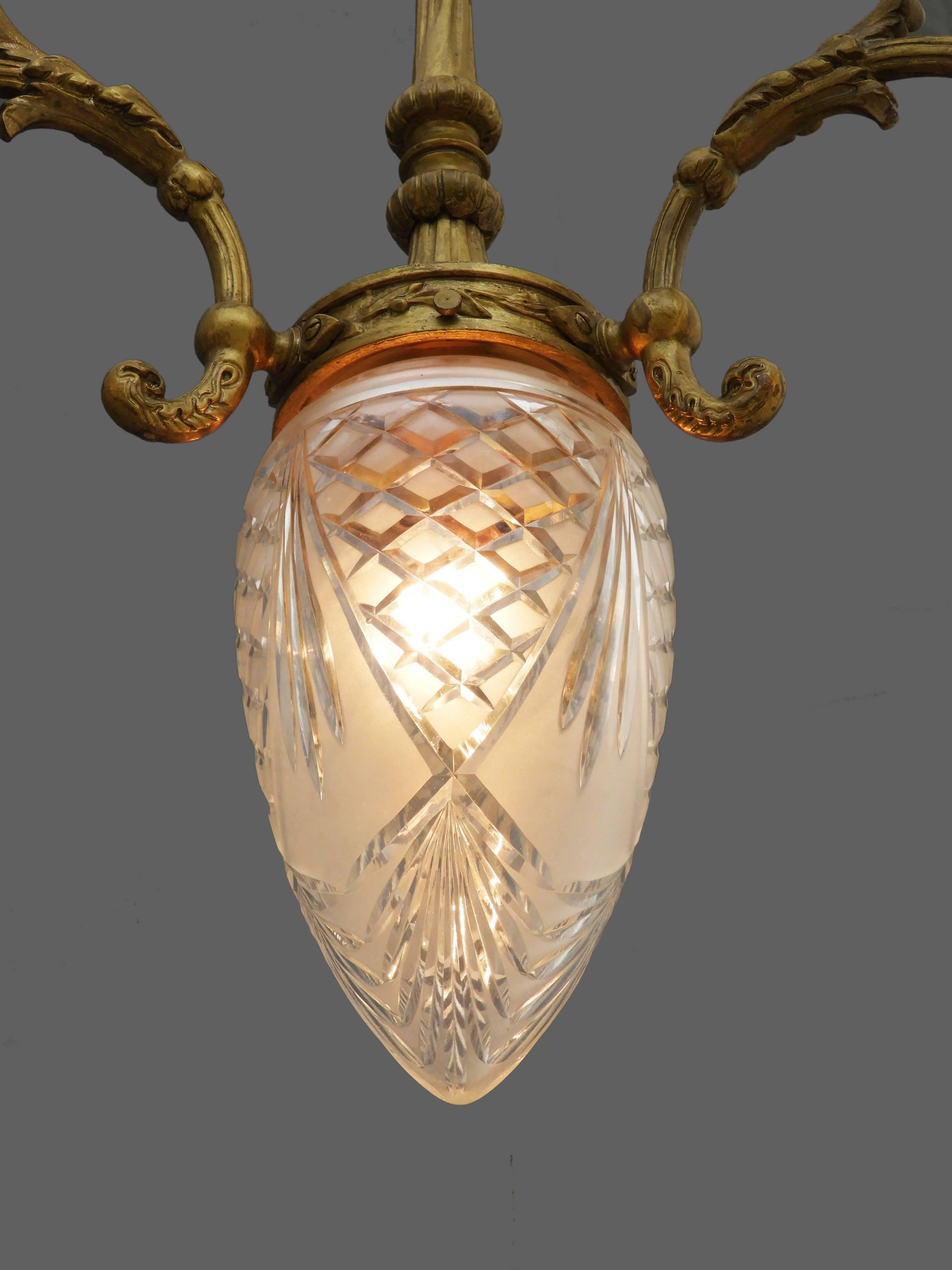 French Chandelier Gilt Bronze Etched Glass Belle Epoque, circa 1900 In Good Condition In Mimizan, FR