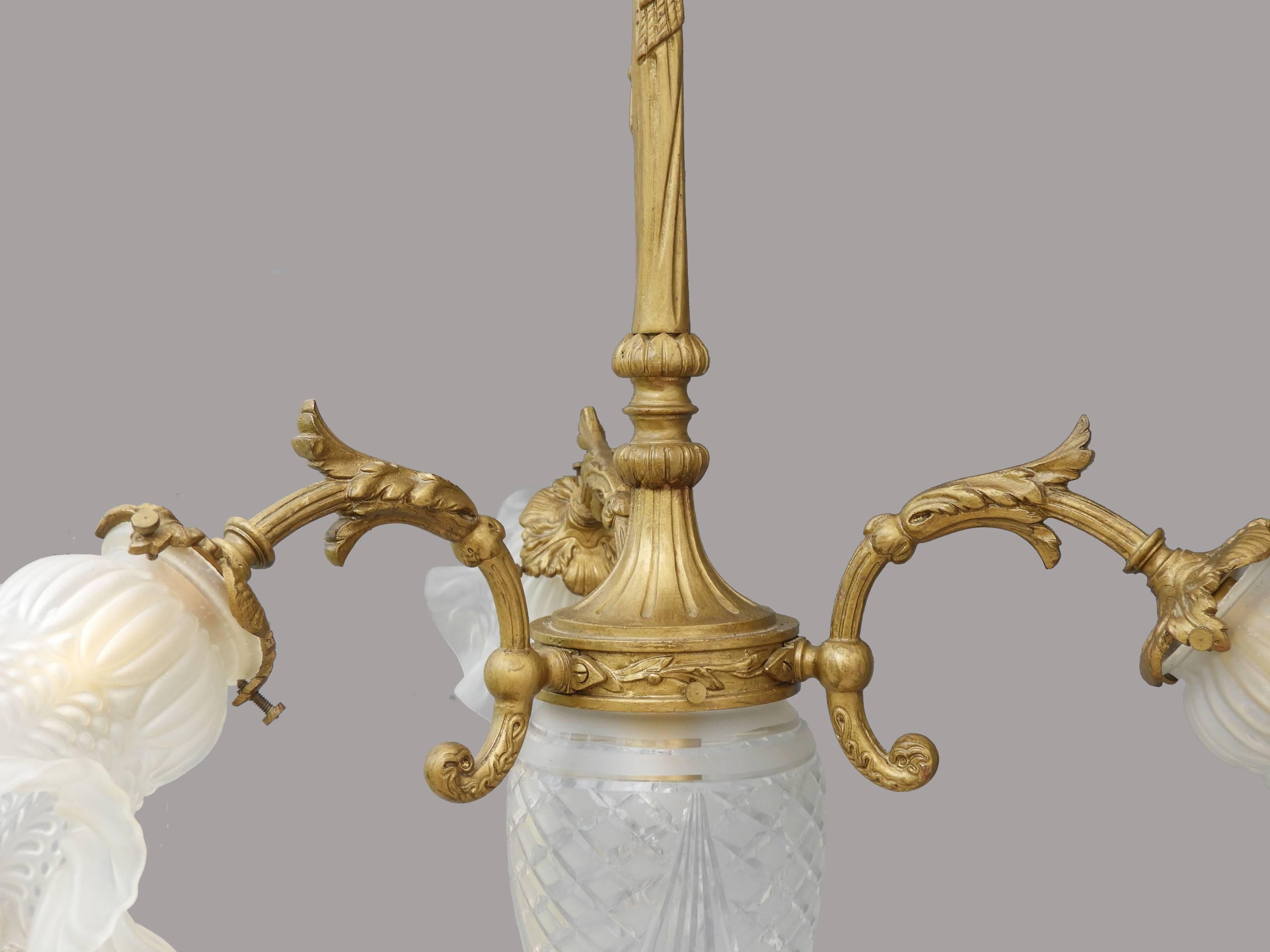 Late 19th Century French Chandelier Gilt Bronze Etched Glass Belle Epoque, circa 1900