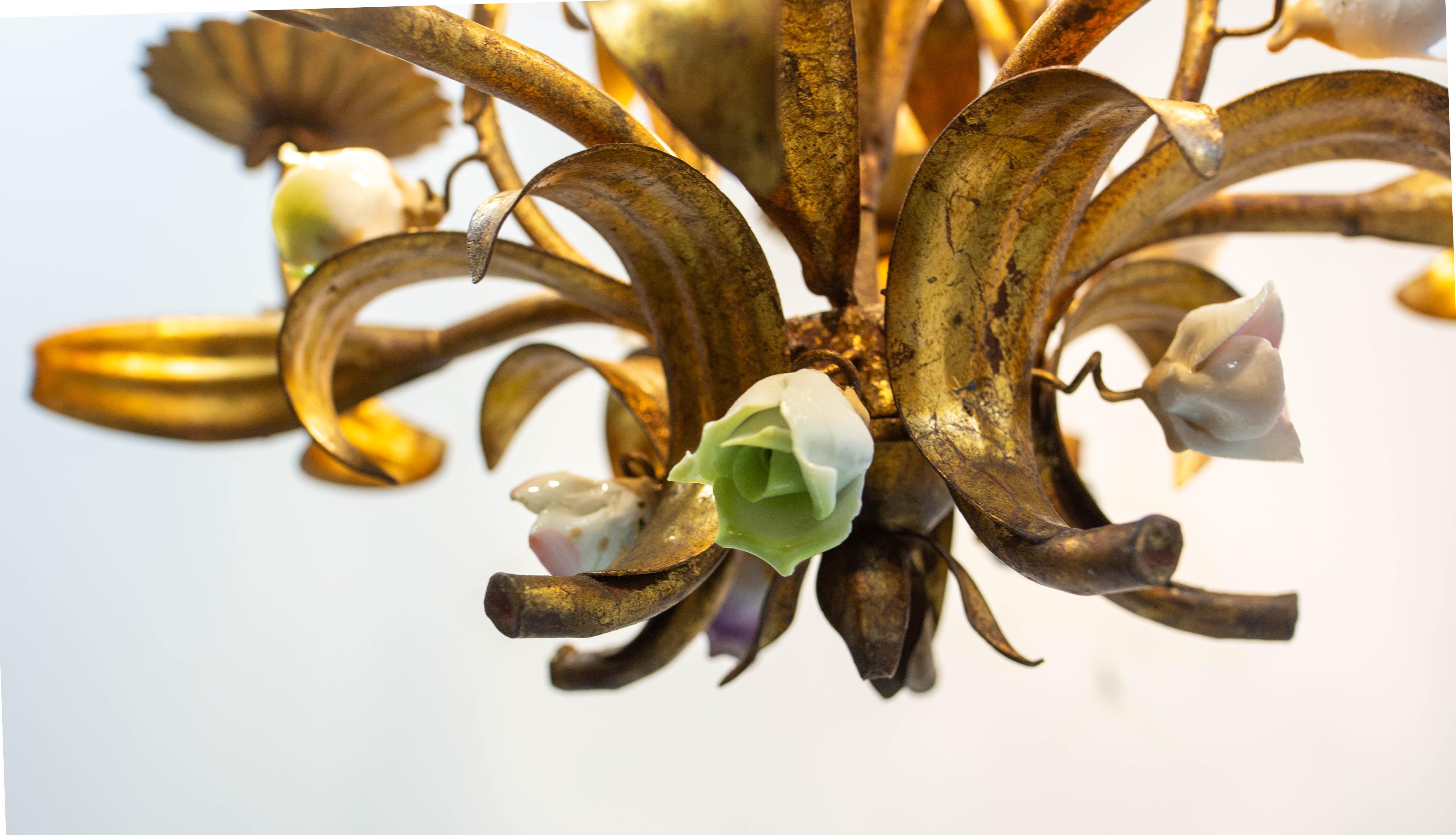 French Chandelier Golden Metal Porcelain Flowers Ceiling Pendant, c 1950 For Sale 6