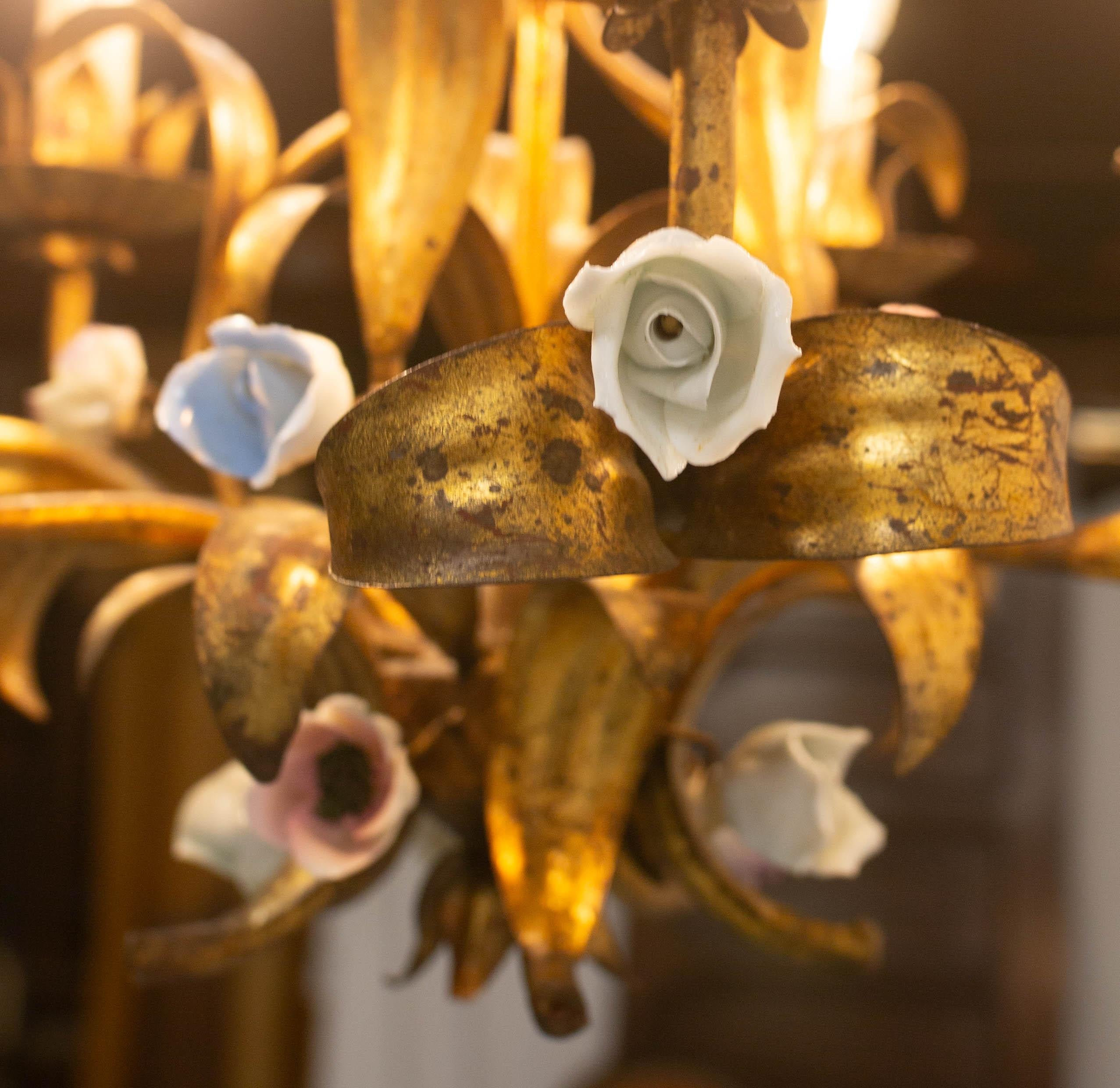 French Chandelier Golden Metal Porcelain Flowers Ceiling Pendant, c 1950 For Sale 7