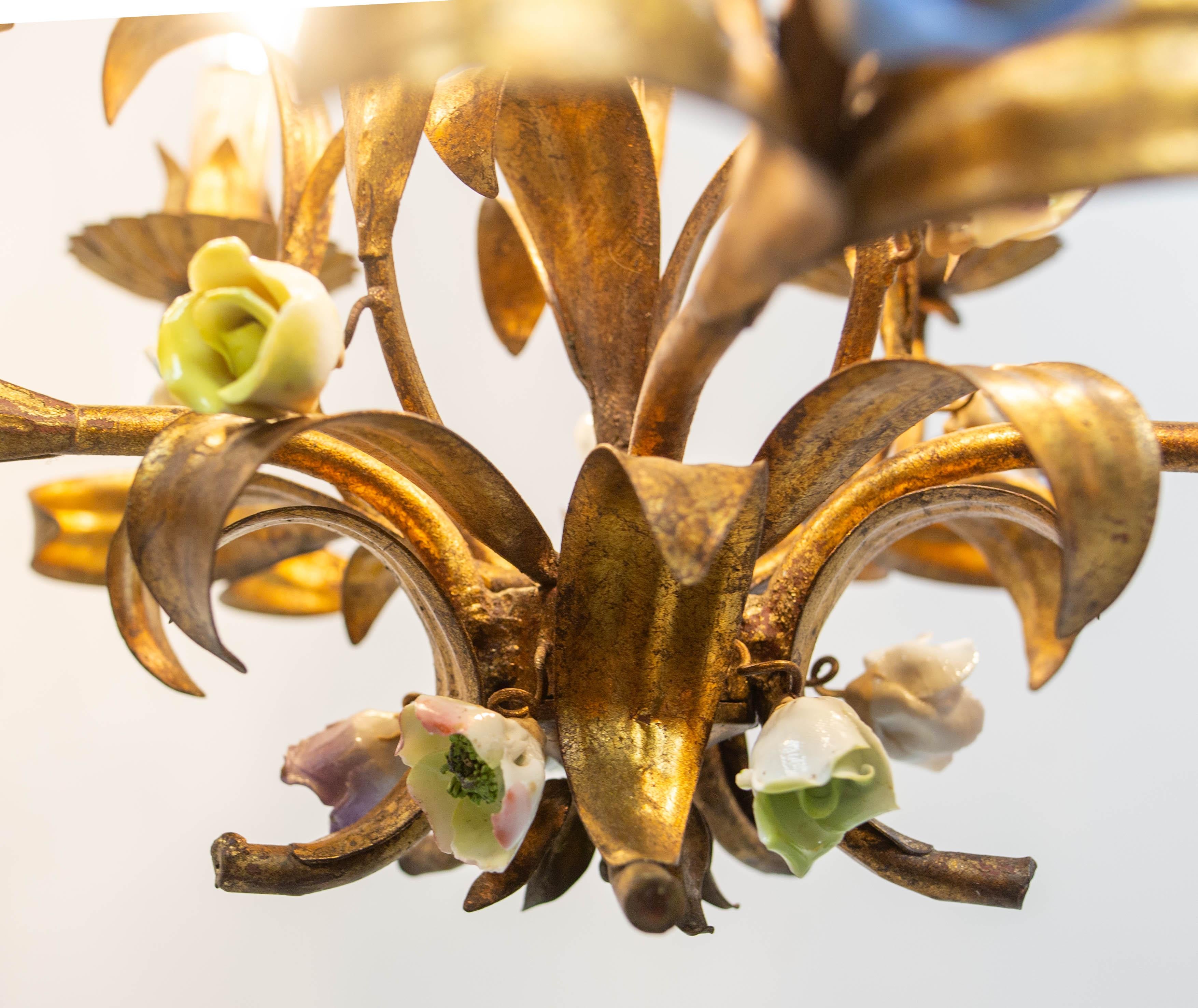 French Chandelier Golden Metal Porcelain Flowers Ceiling Pendant, c 1950 For Sale 8