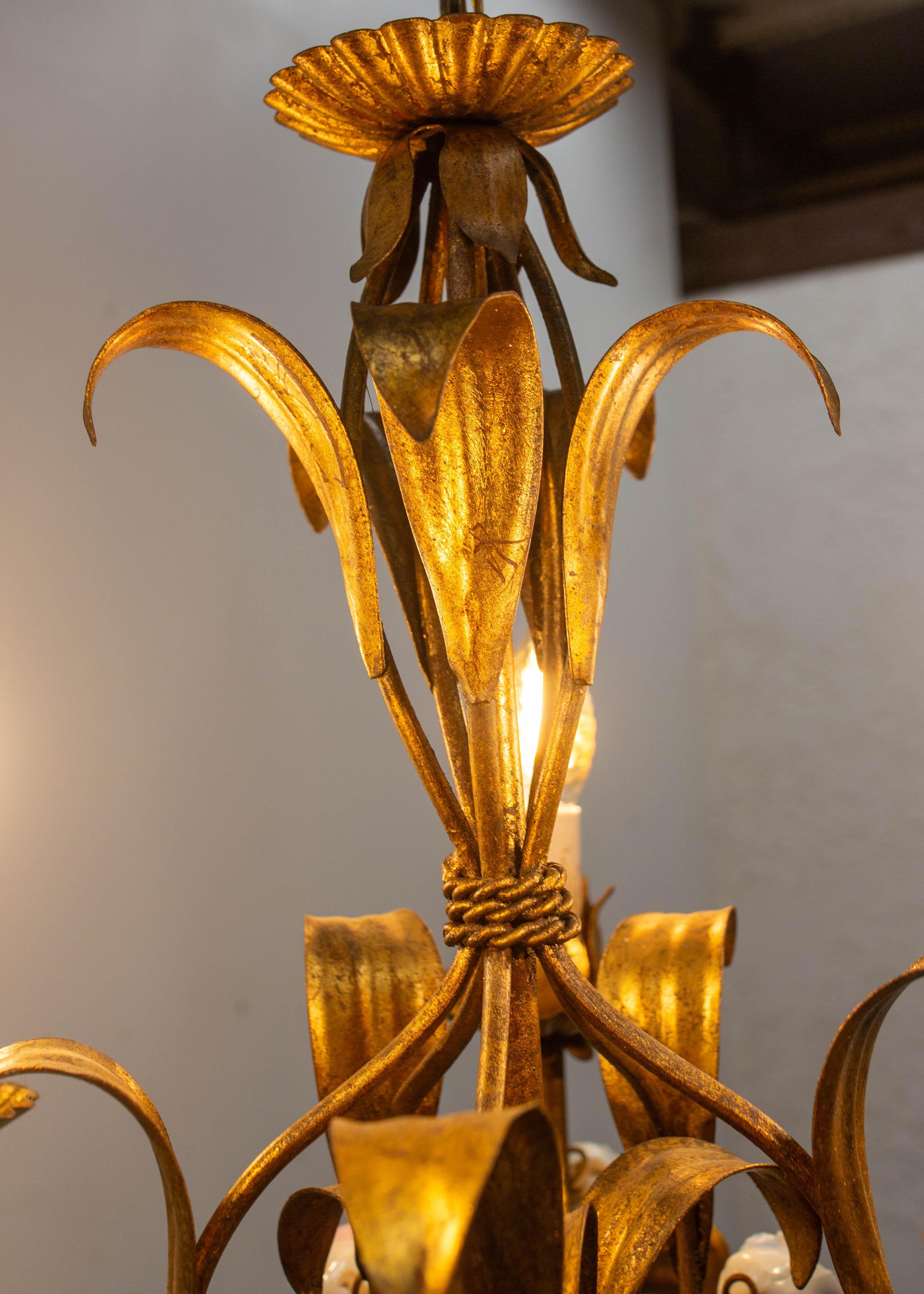 French Chandelier Golden Metal Porcelain Flowers Ceiling Pendant, c 1950 For Sale 9