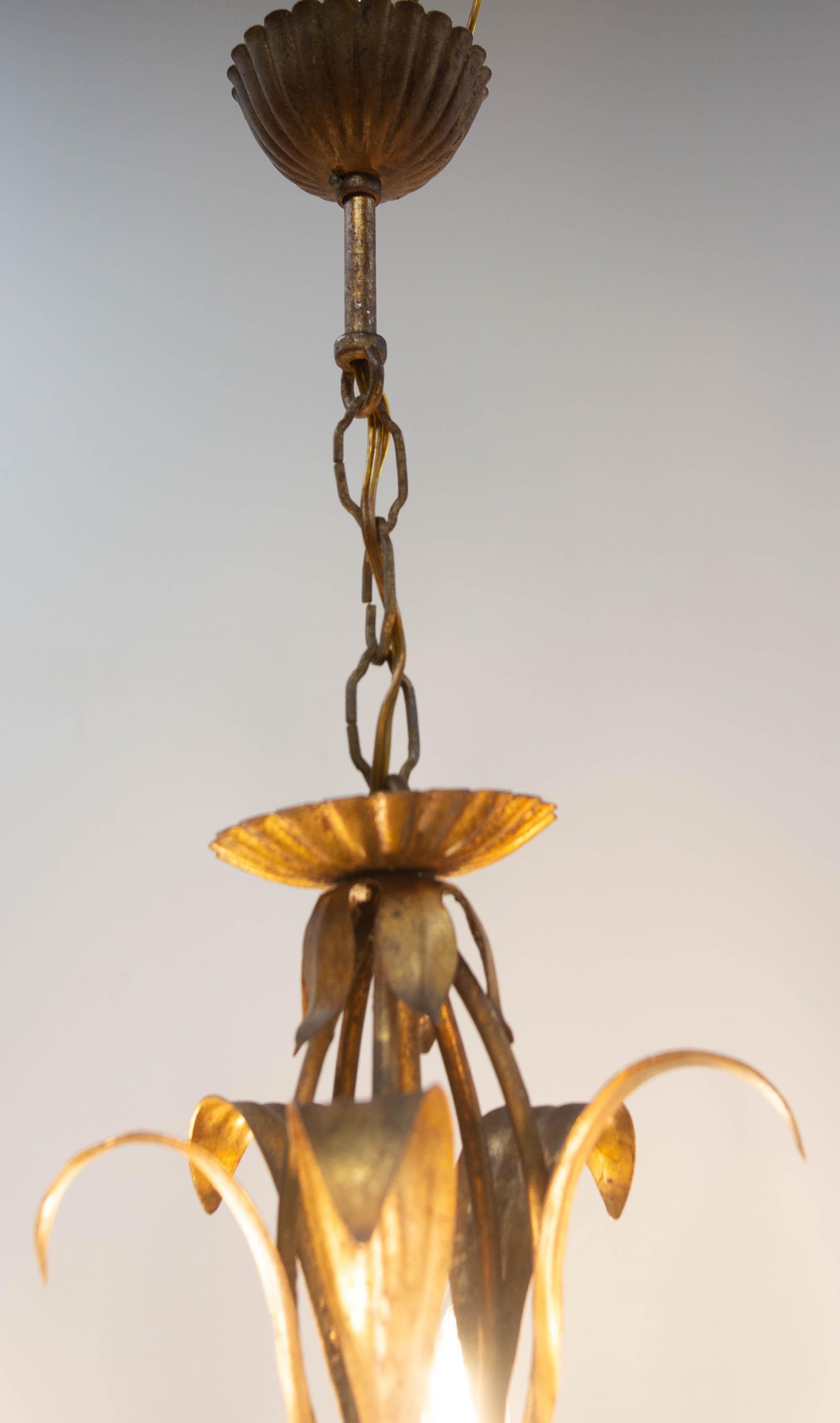 French Chandelier Golden Metal Porcelain Flowers Ceiling Pendant, c 1950 For Sale 10