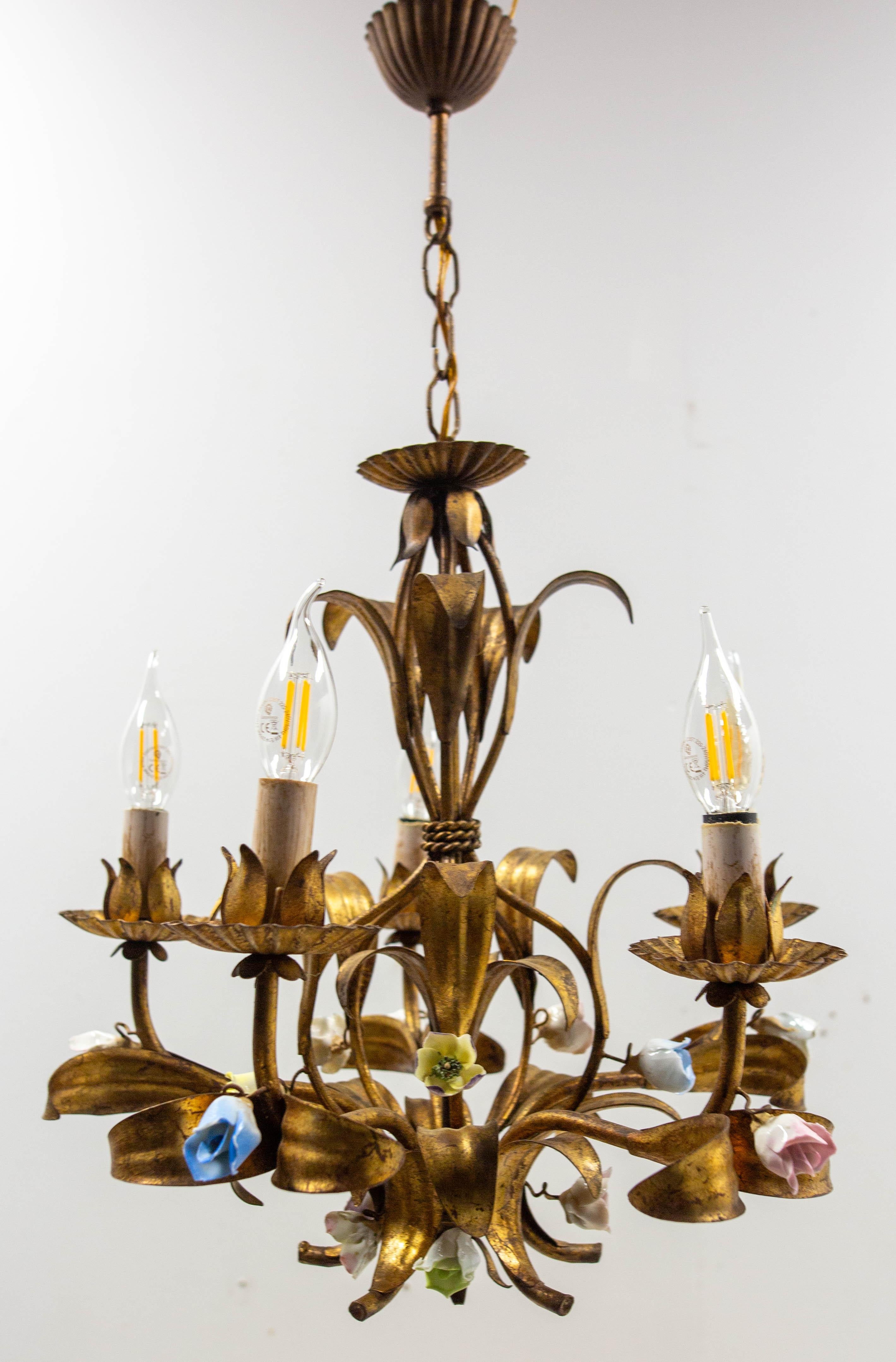 French Chandelier Golden Metal Porcelain Flowers Ceiling Pendant, c 1950 For Sale 11