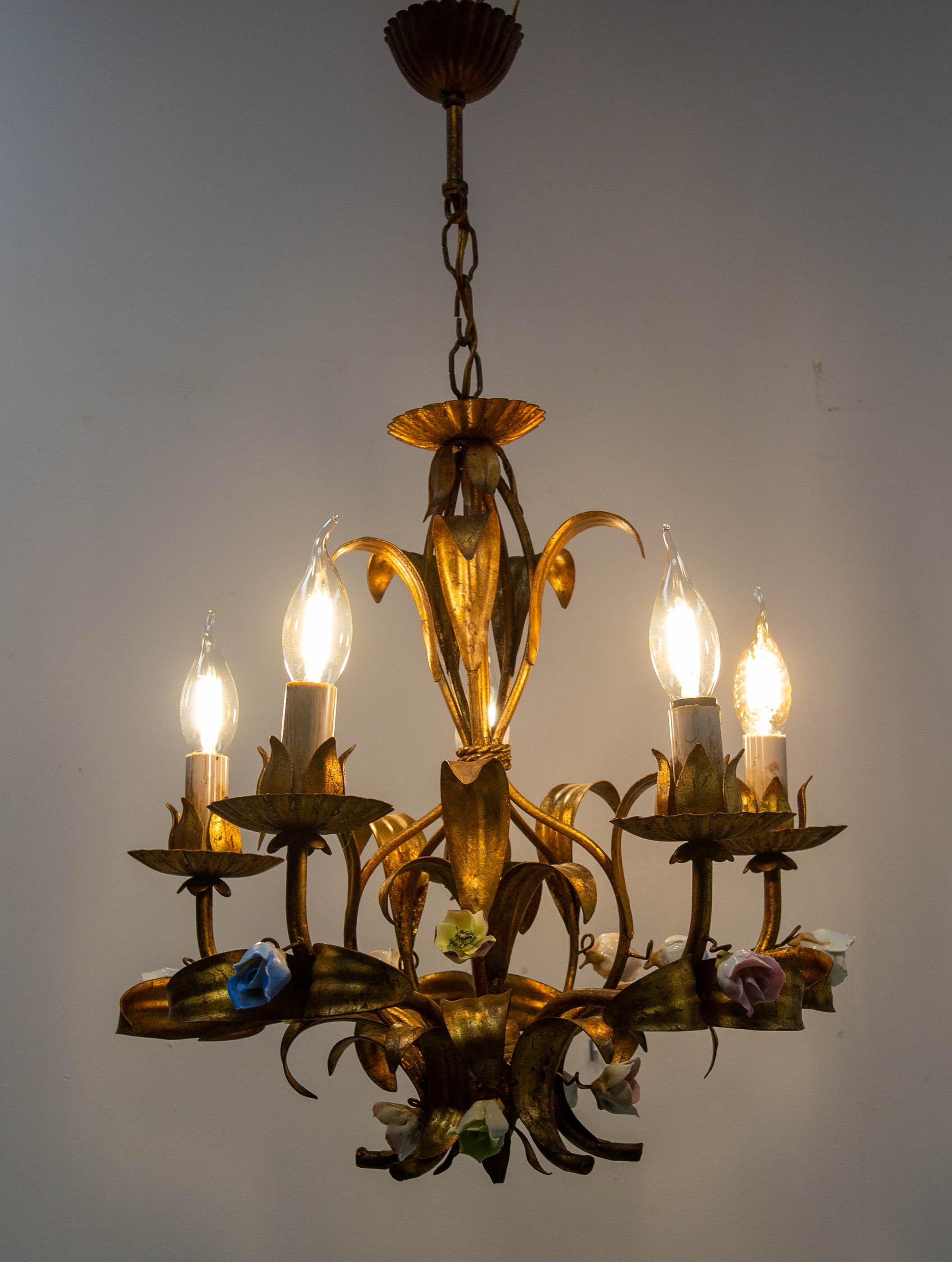 Mid-20th Century French Chandelier Golden Metal Porcelain Flowers Ceiling Pendant, c 1950 For Sale
