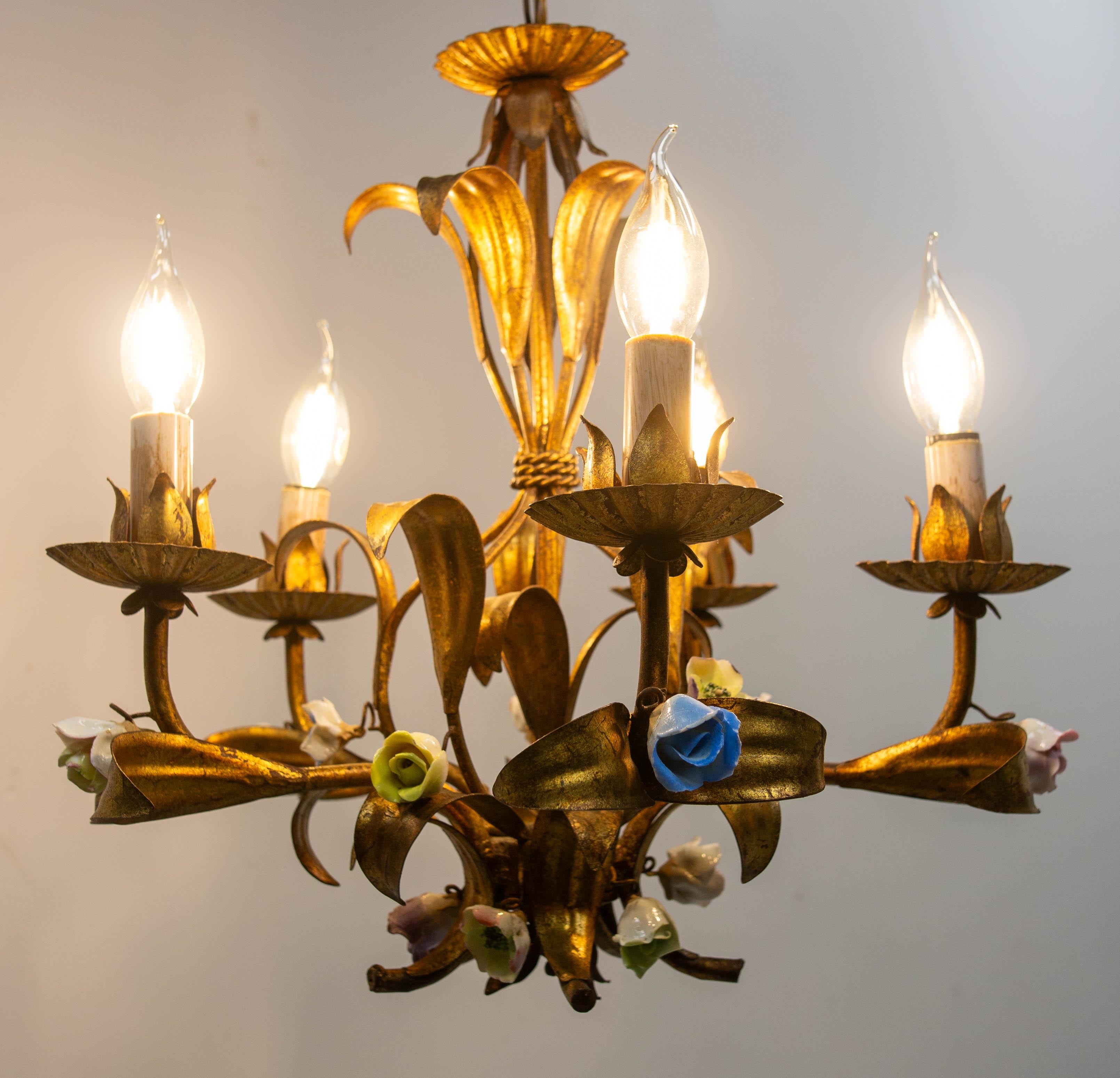 French Chandelier Golden Metal Porcelain Flowers Ceiling Pendant, c 1950 For Sale 1