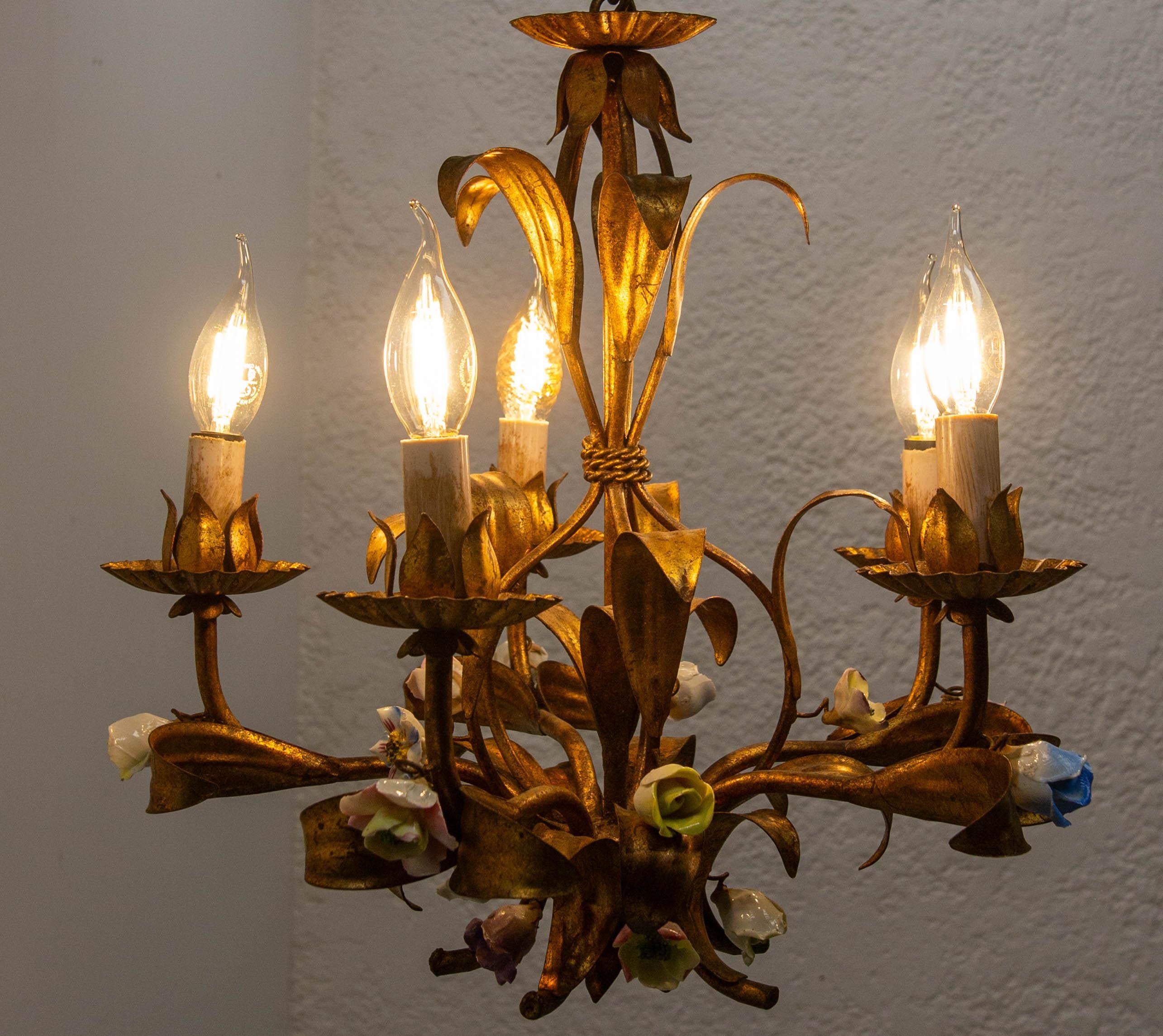 French Chandelier Golden Metal Porcelain Flowers Ceiling Pendant, c 1950 For Sale 2
