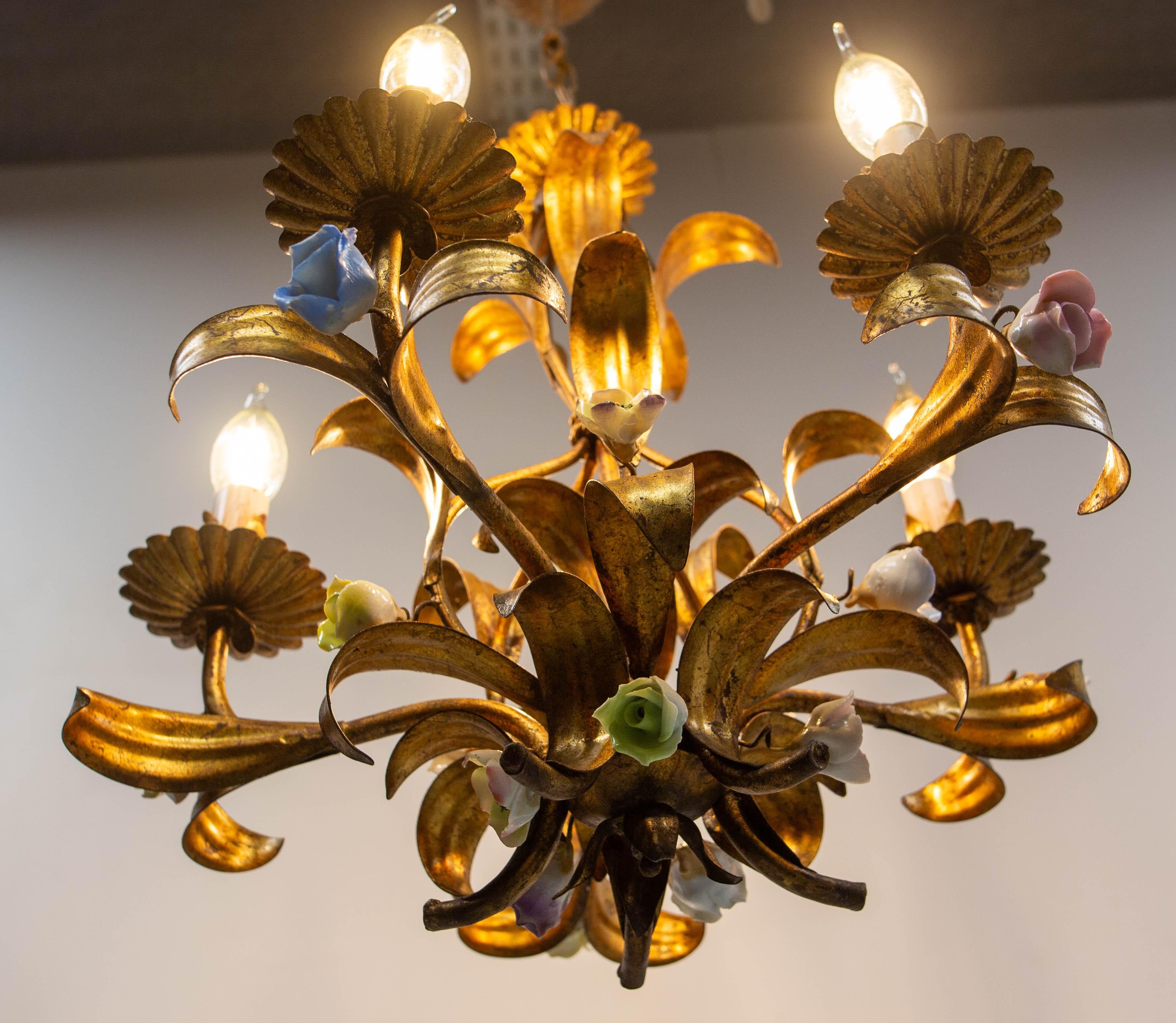 French Chandelier Golden Metal Porcelain Flowers Ceiling Pendant, c 1950 For Sale 3