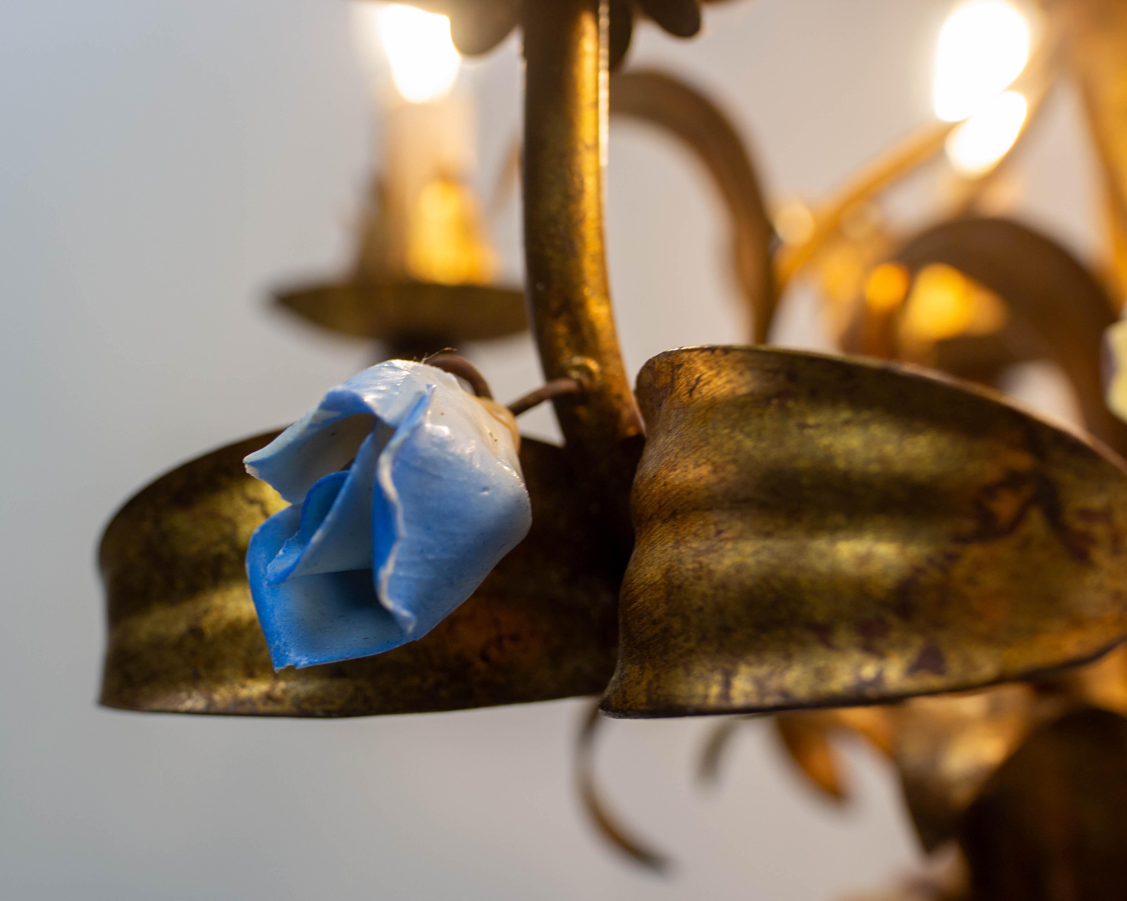 French Chandelier Golden Metal Porcelain Flowers Ceiling Pendant, c 1950 For Sale 4