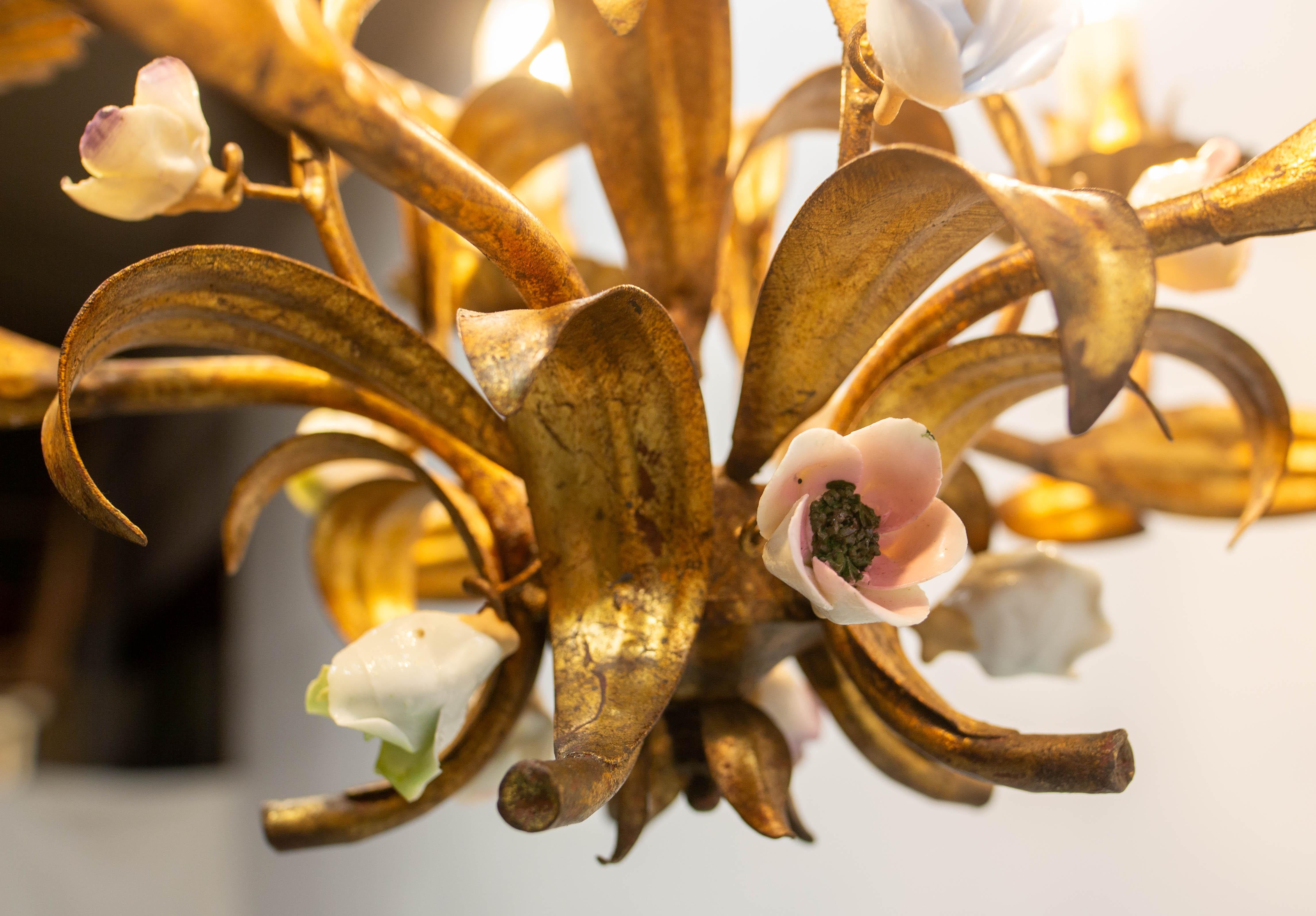 French Chandelier Golden Metal Porcelain Flowers Ceiling Pendant, c 1950 For Sale 5