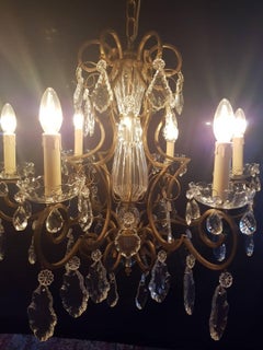 French Chandelier in Brass and Ribbed Glass