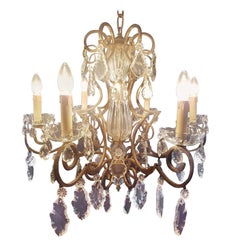French Chandelier in Brass and Ribbed Glass