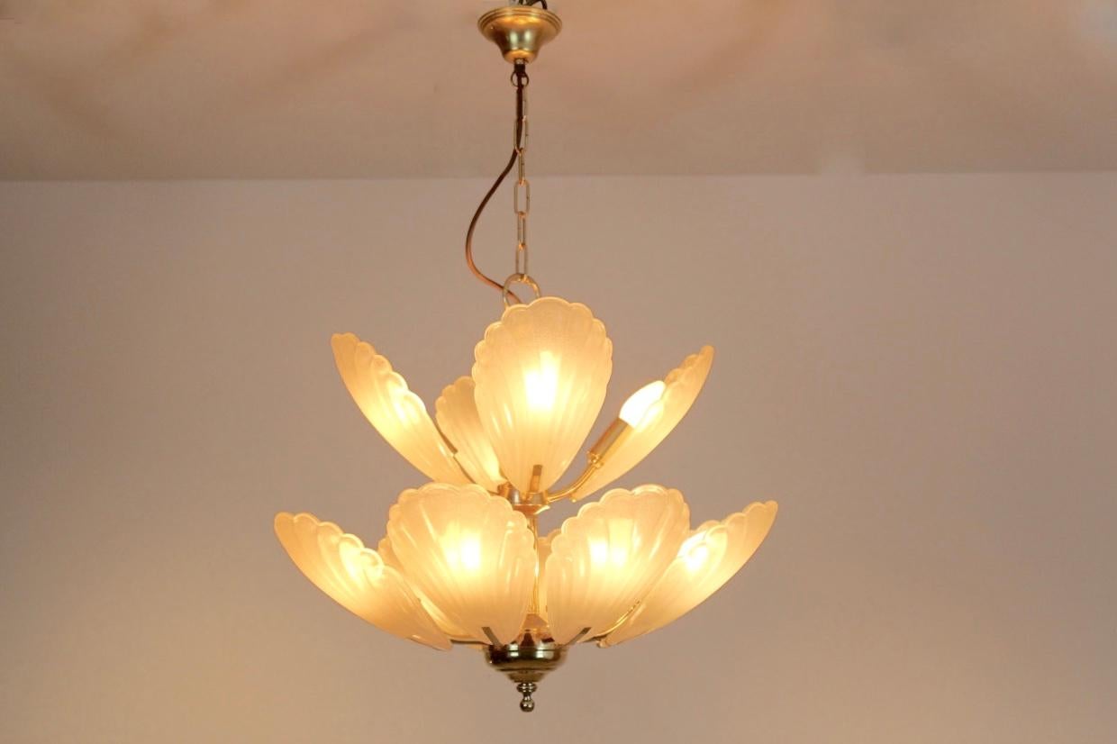 Mid-Century Modern French Chandelier in Brass with Murano Glass Shells, 1970s For Sale