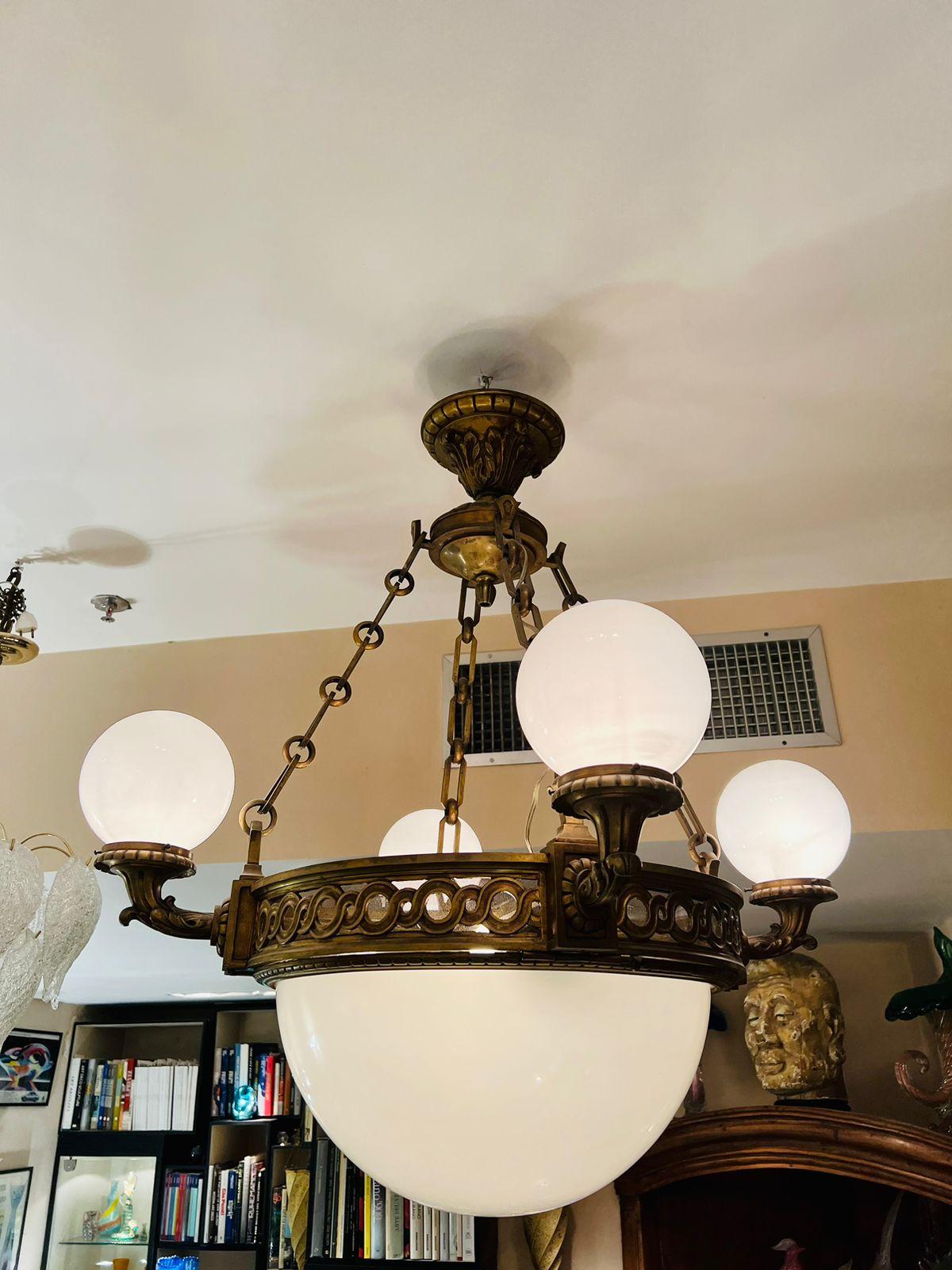Art Nouveau French chandelier in bronze and opaline from Monroe Palace in Rio circa 1904. For Sale
