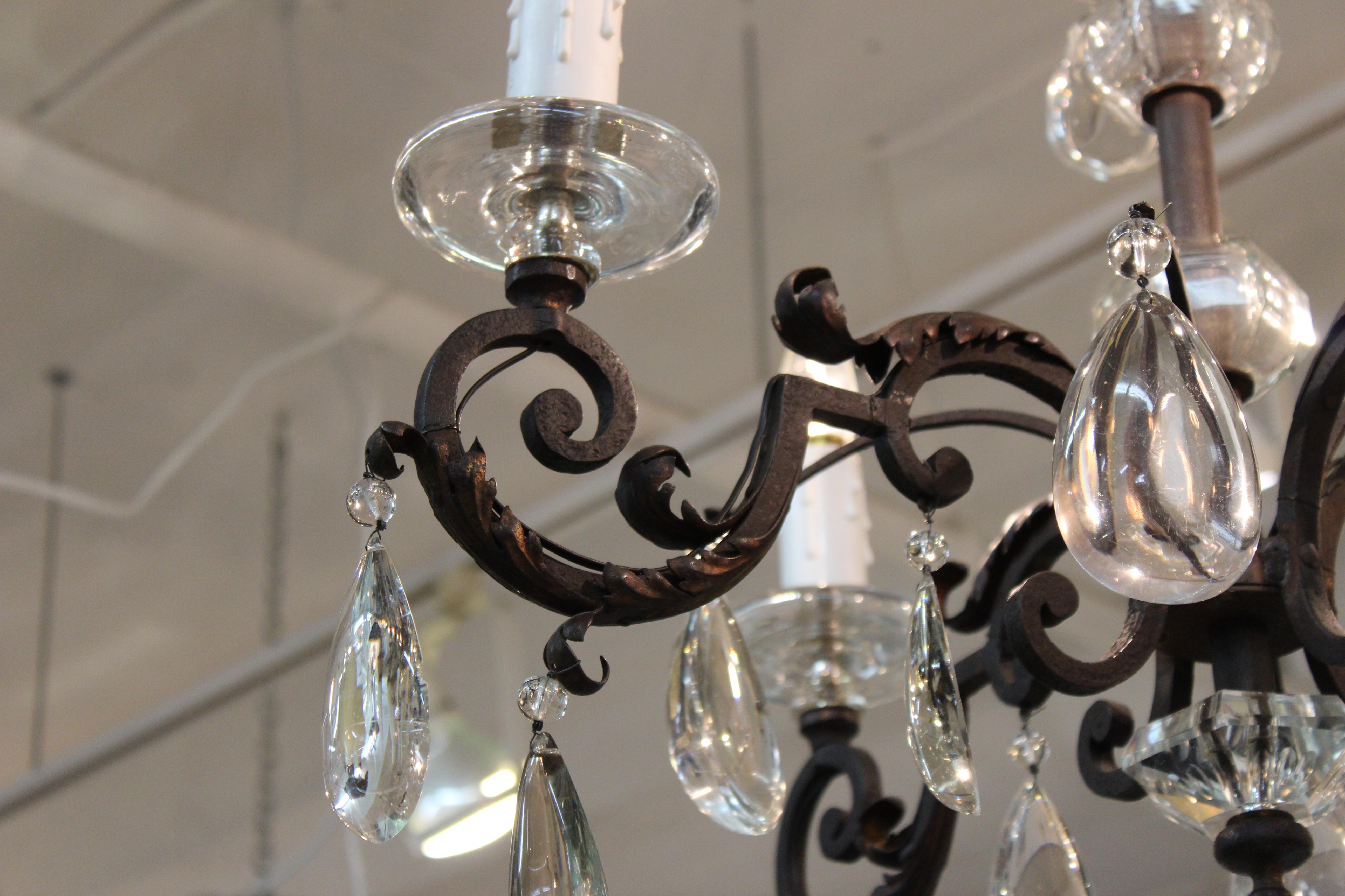 French Chandelier in Metal with Cut Crystal Accents and Prisms 5