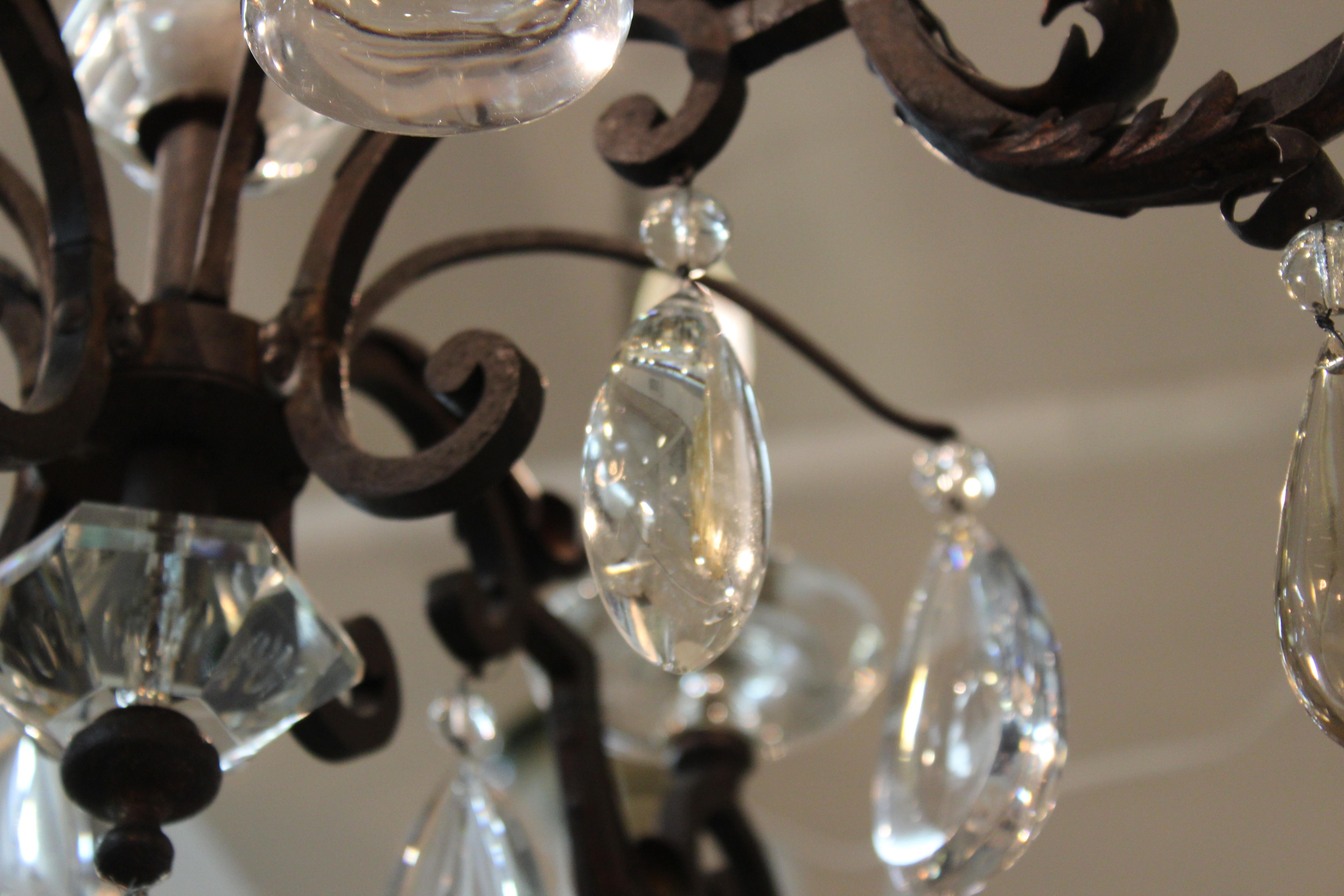 French Chandelier in Metal with Cut Crystal Accents and Prisms 6