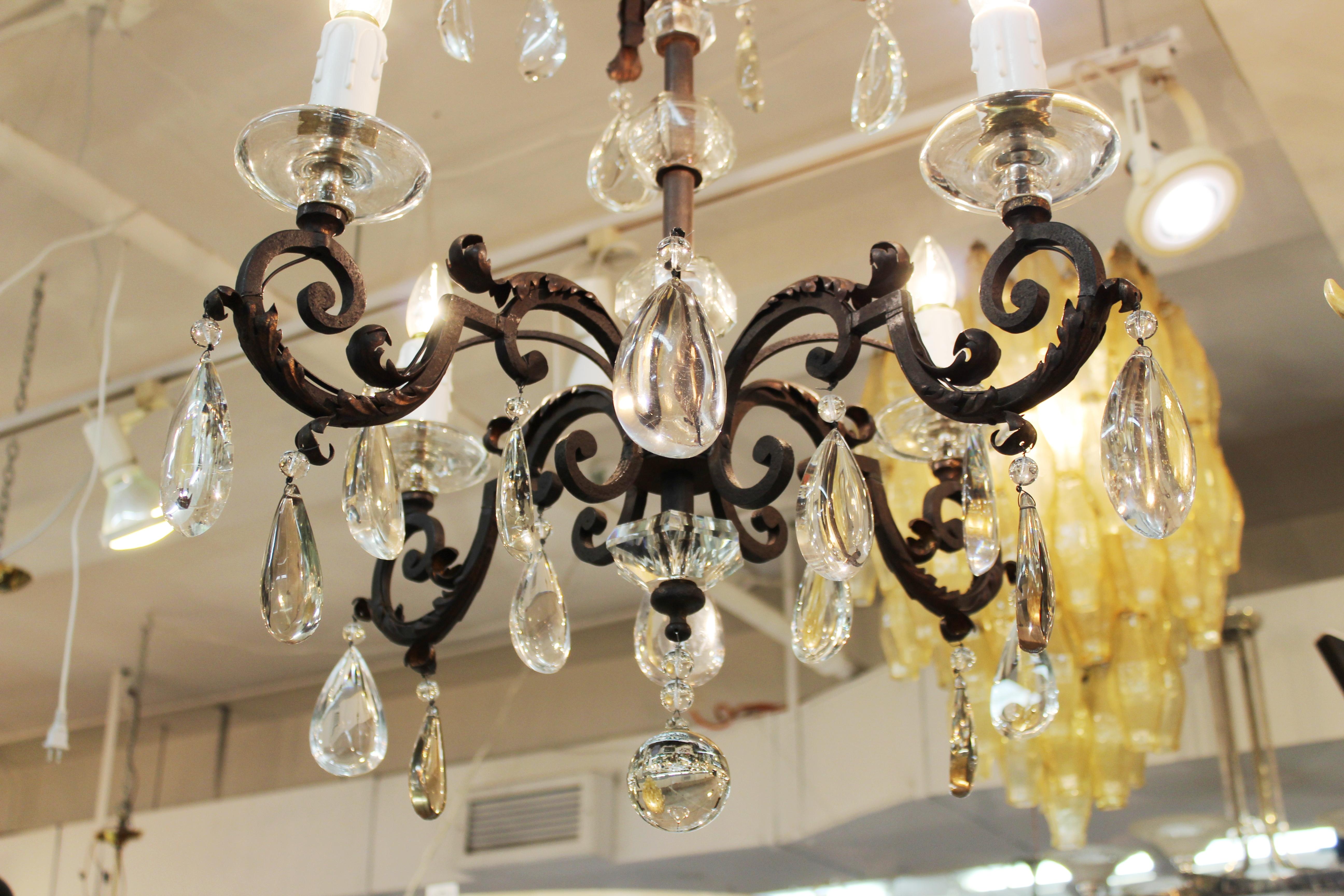 Hollywood Regency French Chandelier in Metal with Cut Crystal Accents and Prisms