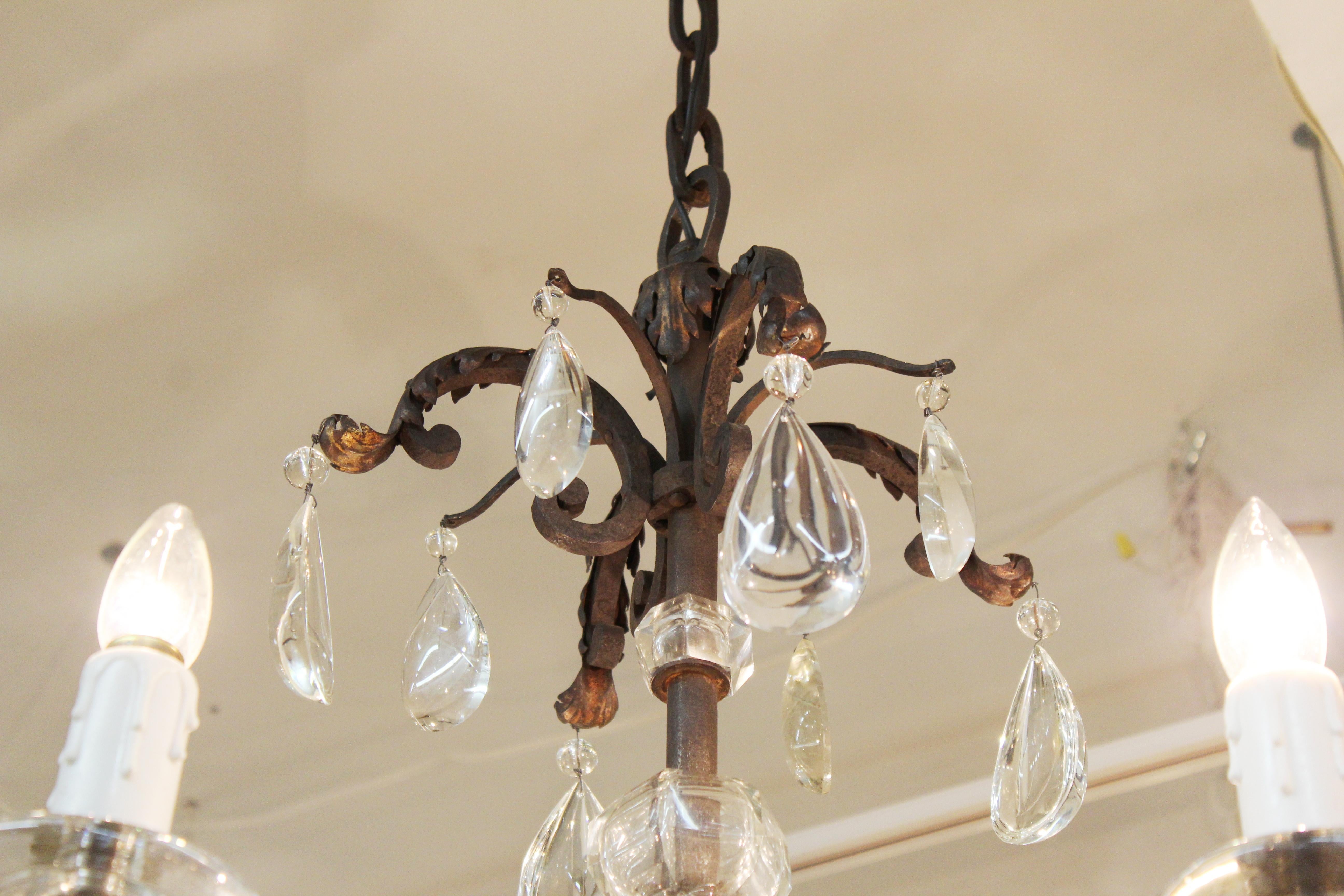 French Chandelier in Metal with Cut Crystal Accents and Prisms In Good Condition In New York, NY