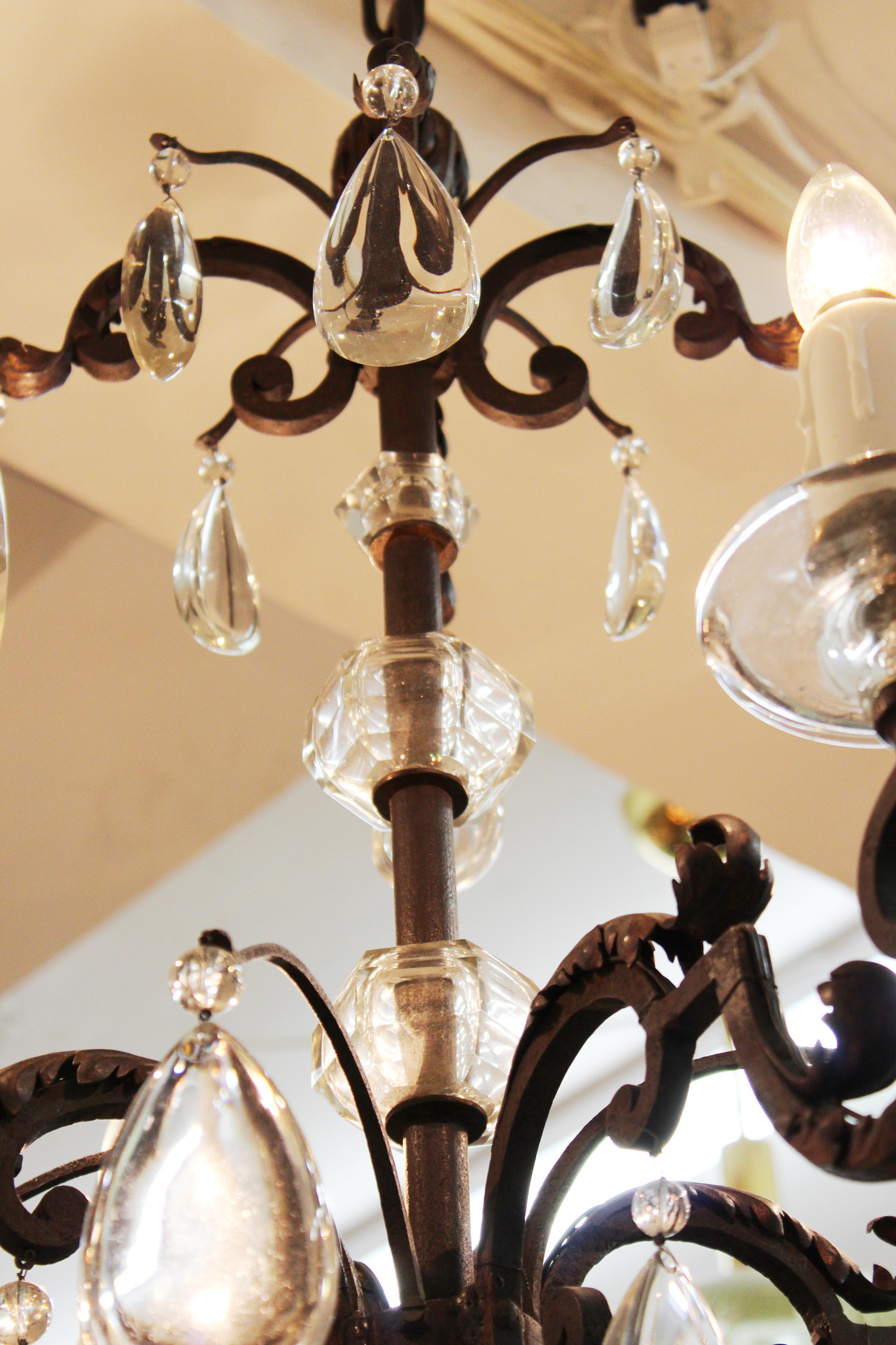 20th Century French Chandelier in Metal with Cut Crystal Accents and Prisms