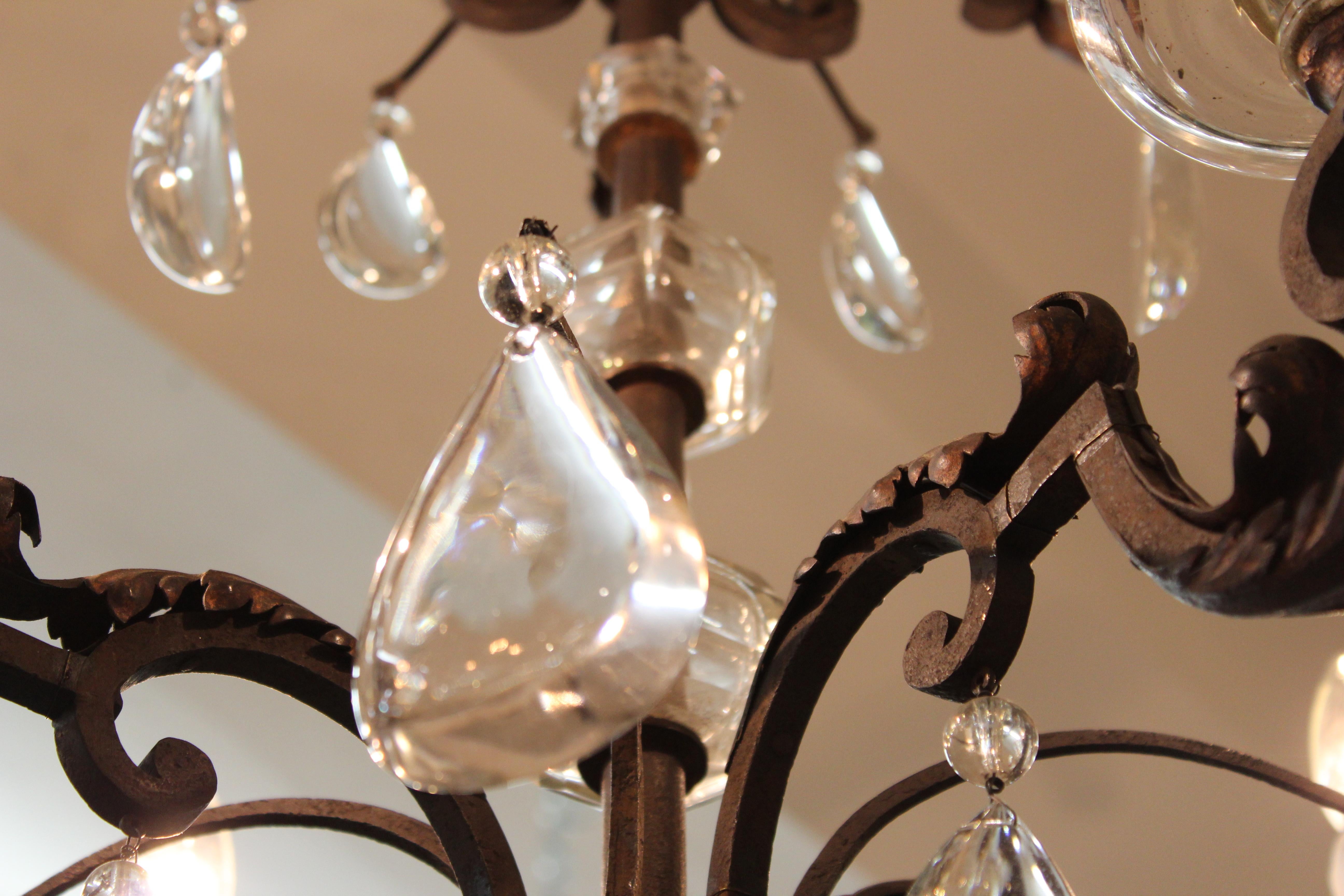 French Chandelier in Metal with Cut Crystal Accents and Prisms 1