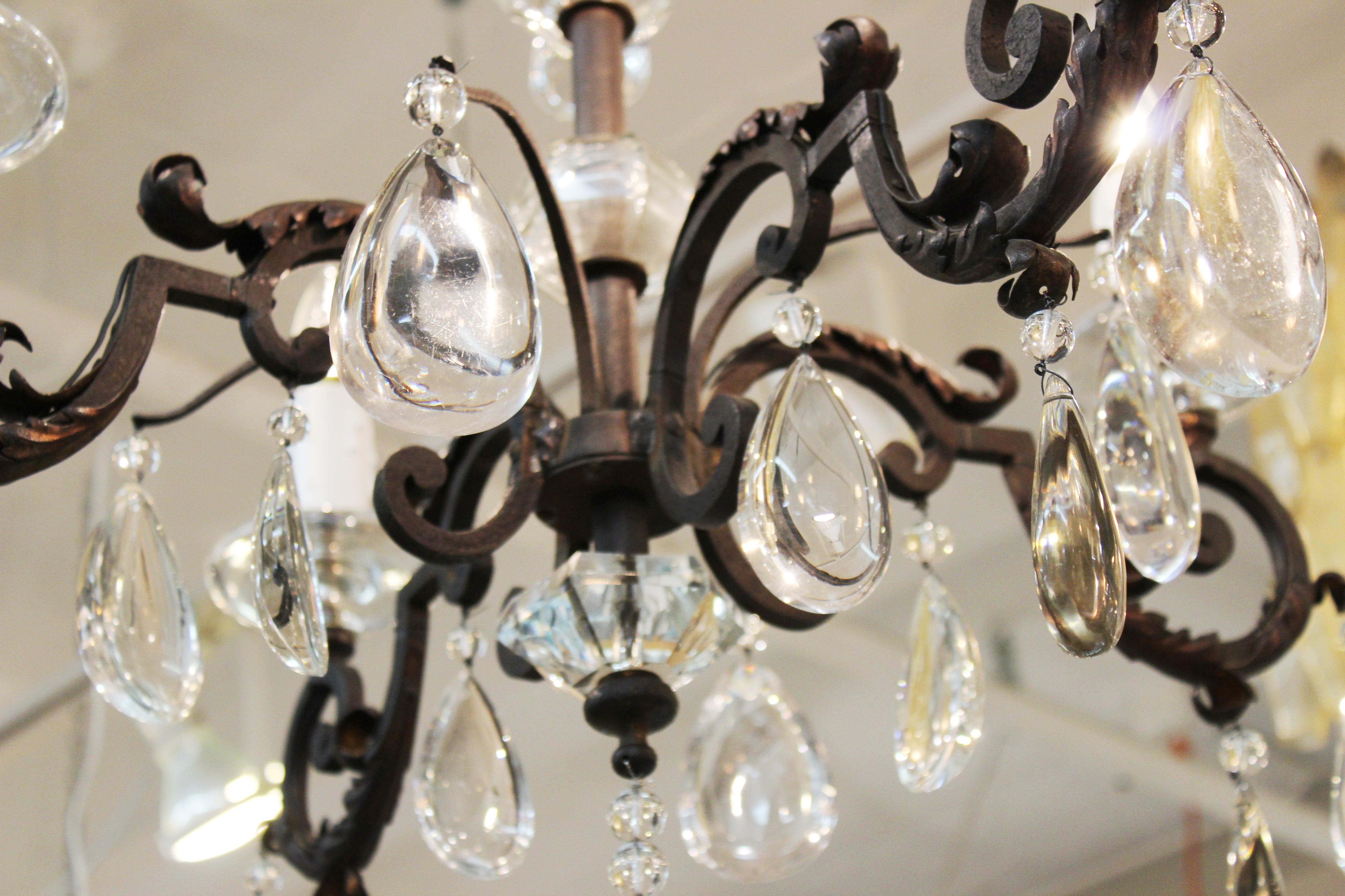 French Chandelier in Metal with Cut Crystal Accents and Prisms 2