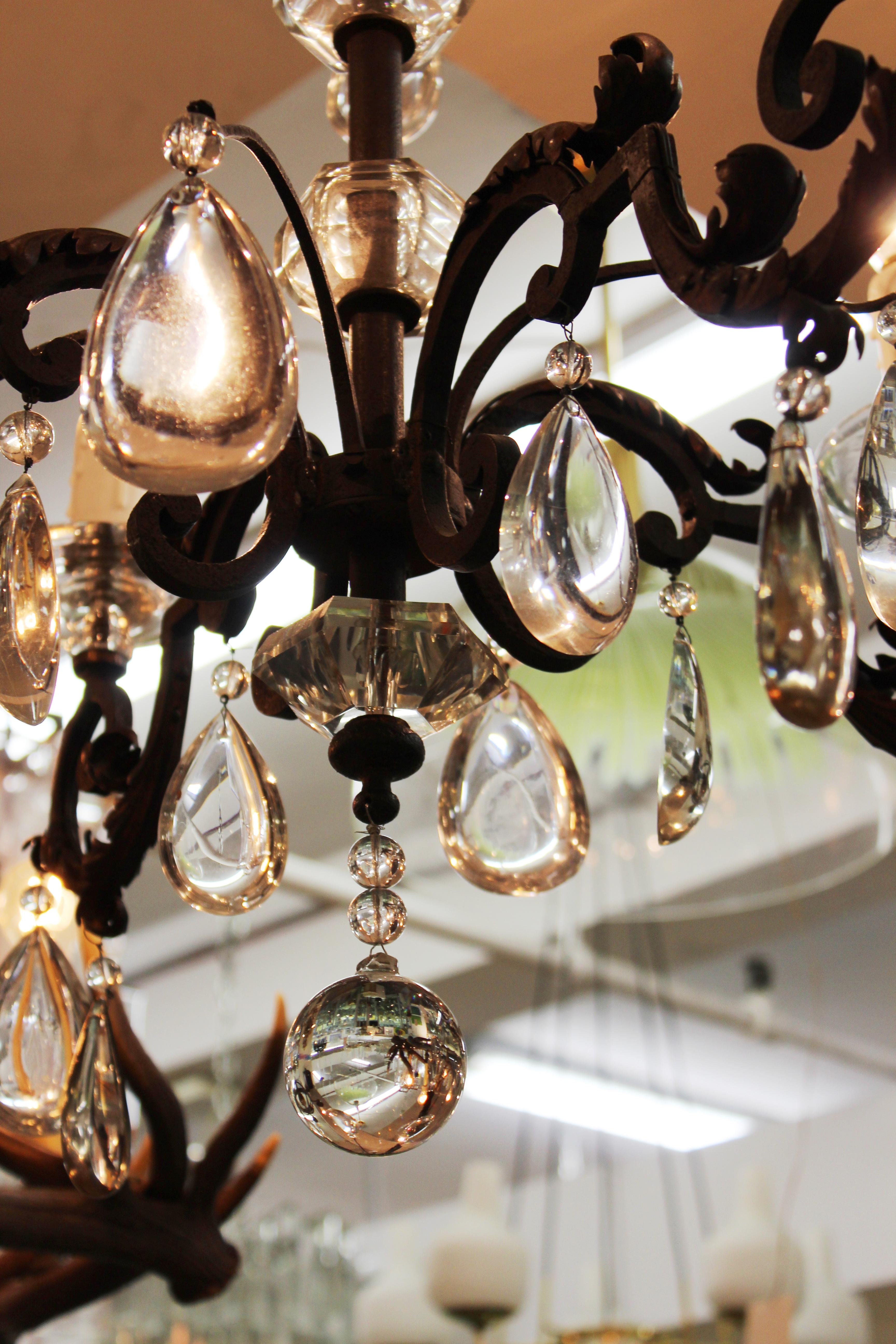 French Chandelier in Metal with Cut Crystal Accents and Prisms 3