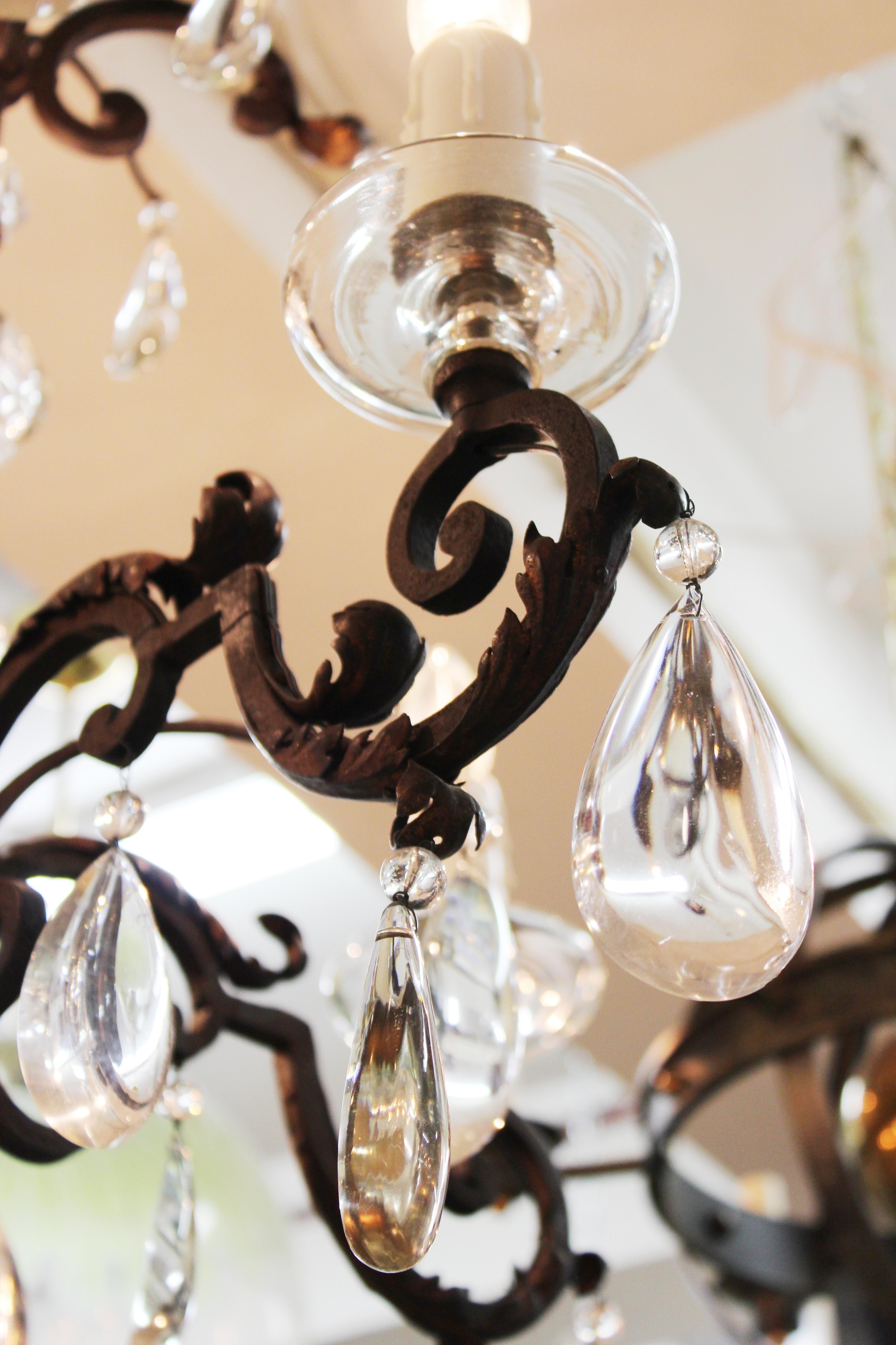 French Chandelier in Metal with Cut Crystal Accents and Prisms 4