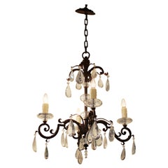 French Chandelier in Metal with Cut Crystal Accents and Prisms