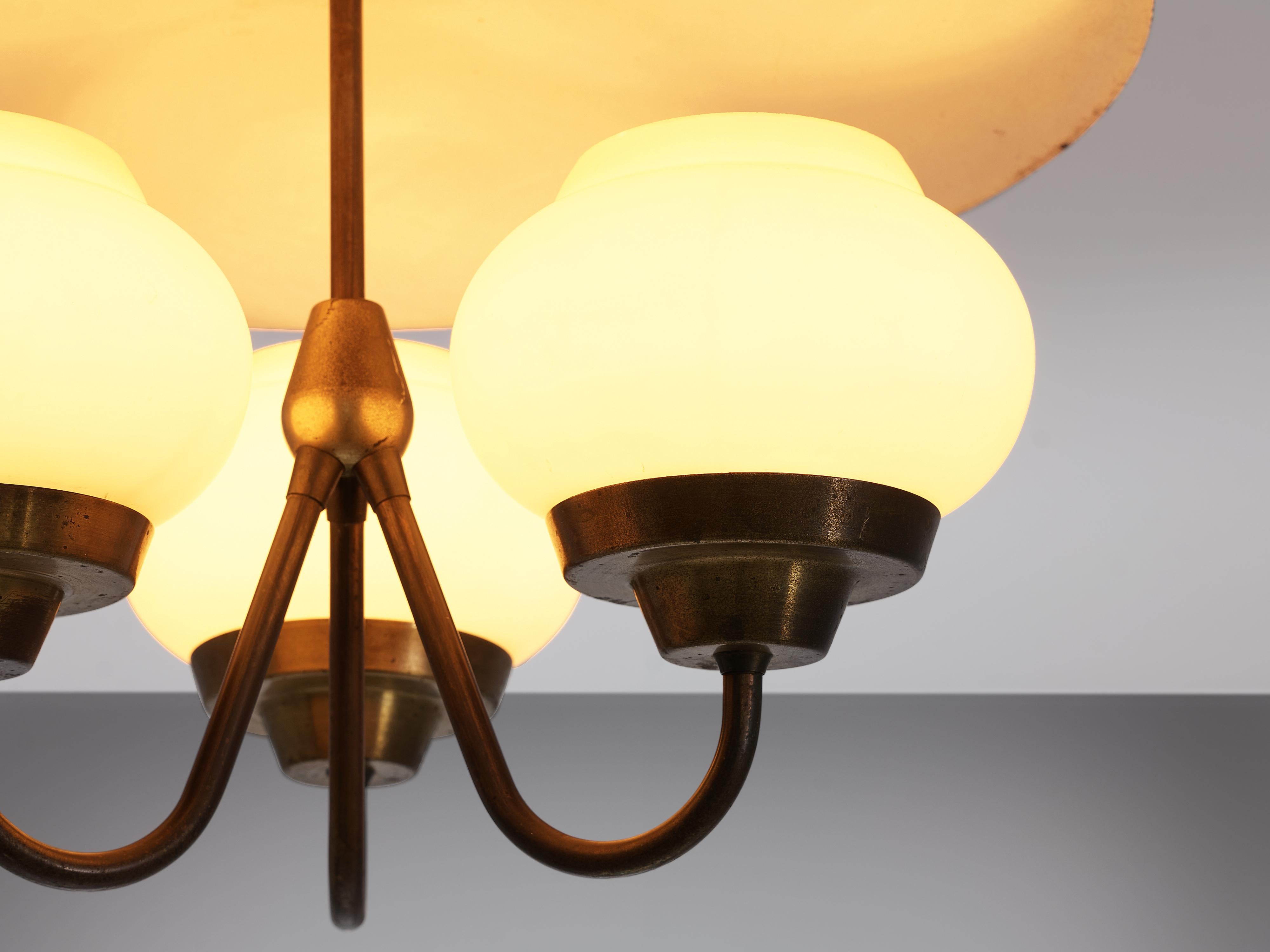 Mid-20th Century French Chandelier in Opaline and Brass