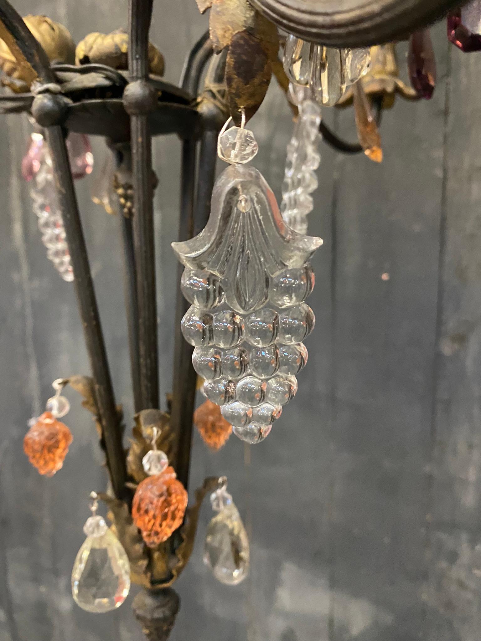 French Chandelier in Wrought Iron, Crystal and Glass Style of Maison Baguès For Sale 5