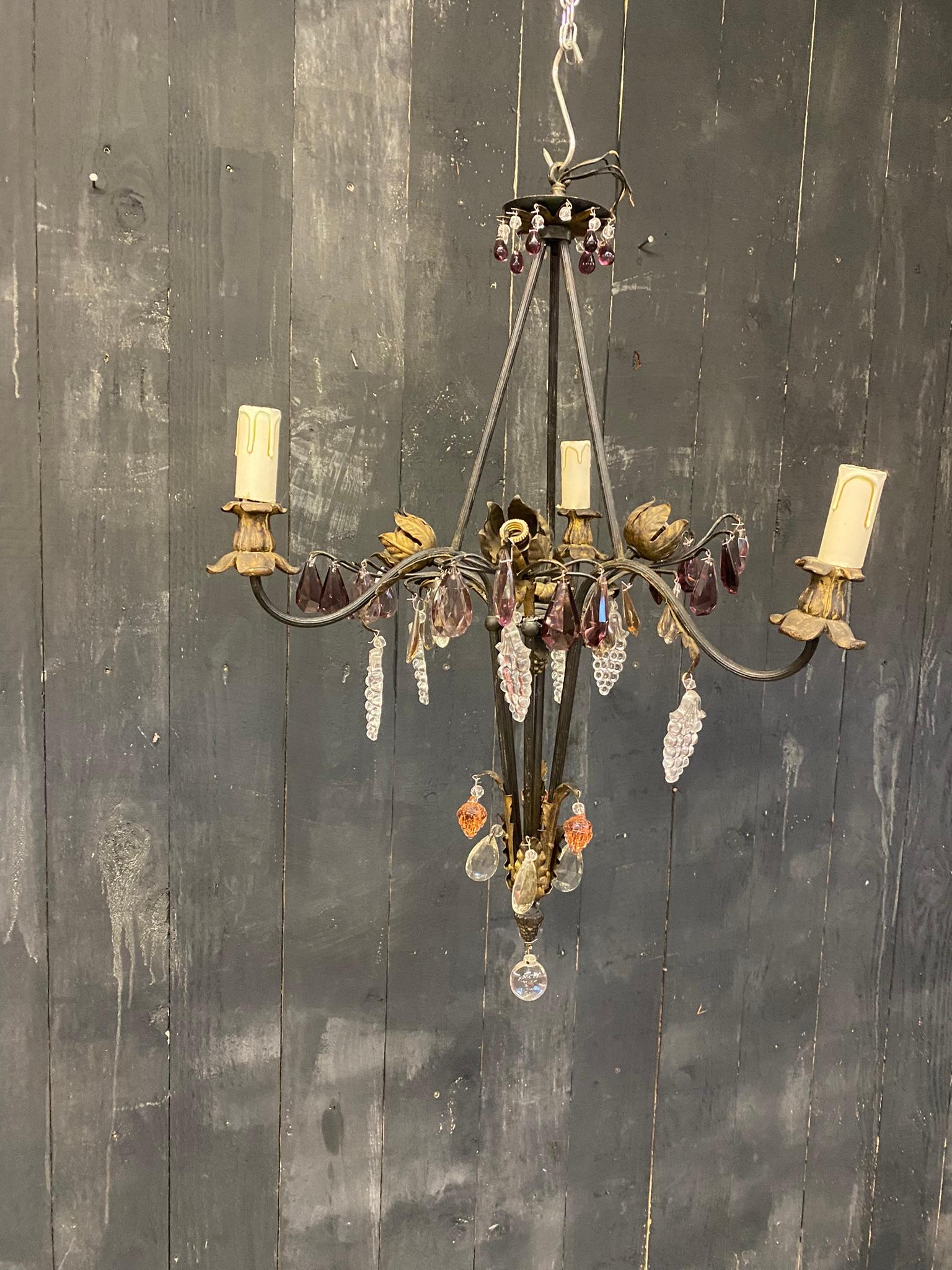 French Chandelier in Wrought Iron, Crystal and Glass Style of Maison Baguès For Sale 6
