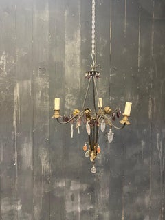 French Chandelier in Wrought Iron, Crystal and Glass Style of Maison Baguès