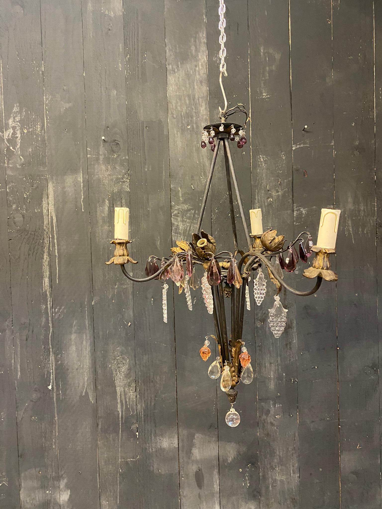 Rococo French Chandelier in Wrought Iron, Crystal and Glass Style of Maison Baguès For Sale