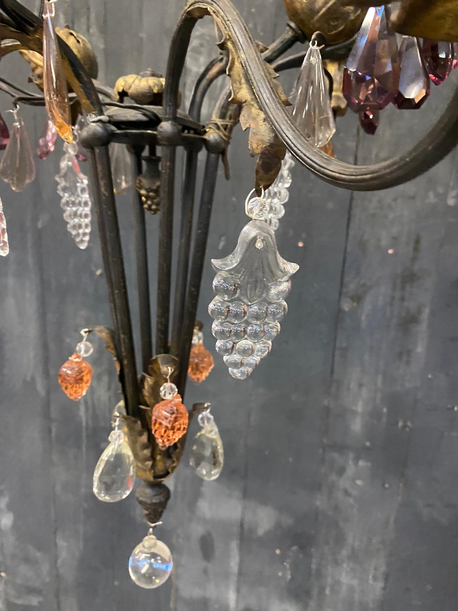 French Chandelier in Wrought Iron, Crystal and Glass Style of Maison Baguès In Good Condition For Sale In Saint-Ouen, FR