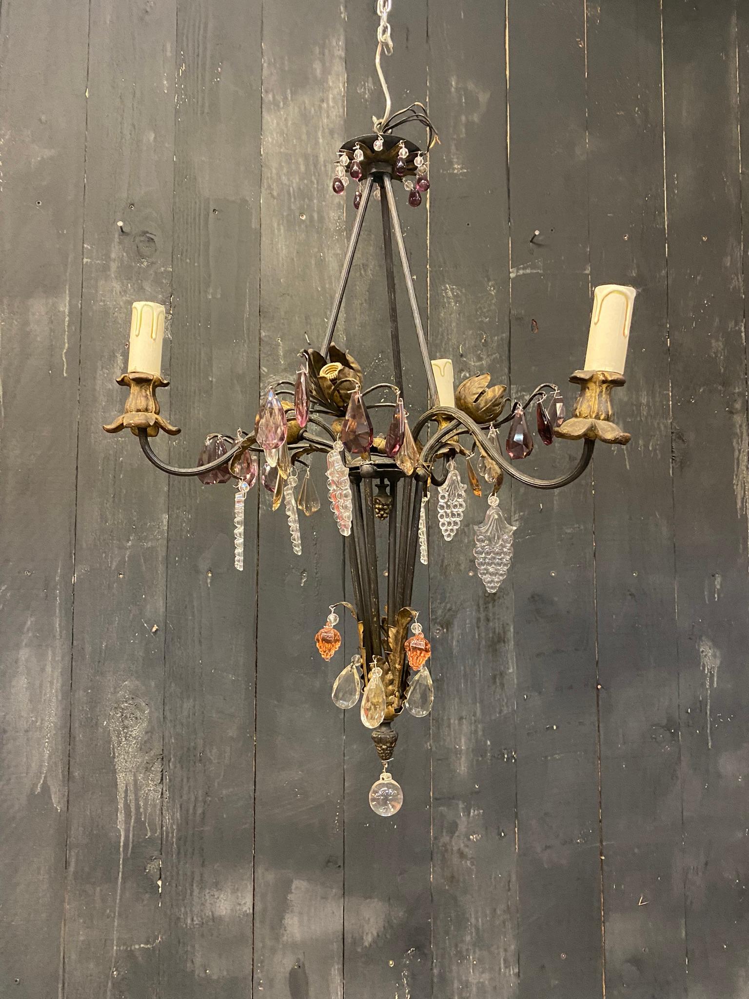 Mid-20th Century French Chandelier in Wrought Iron, Crystal and Glass Style of Maison Baguès For Sale