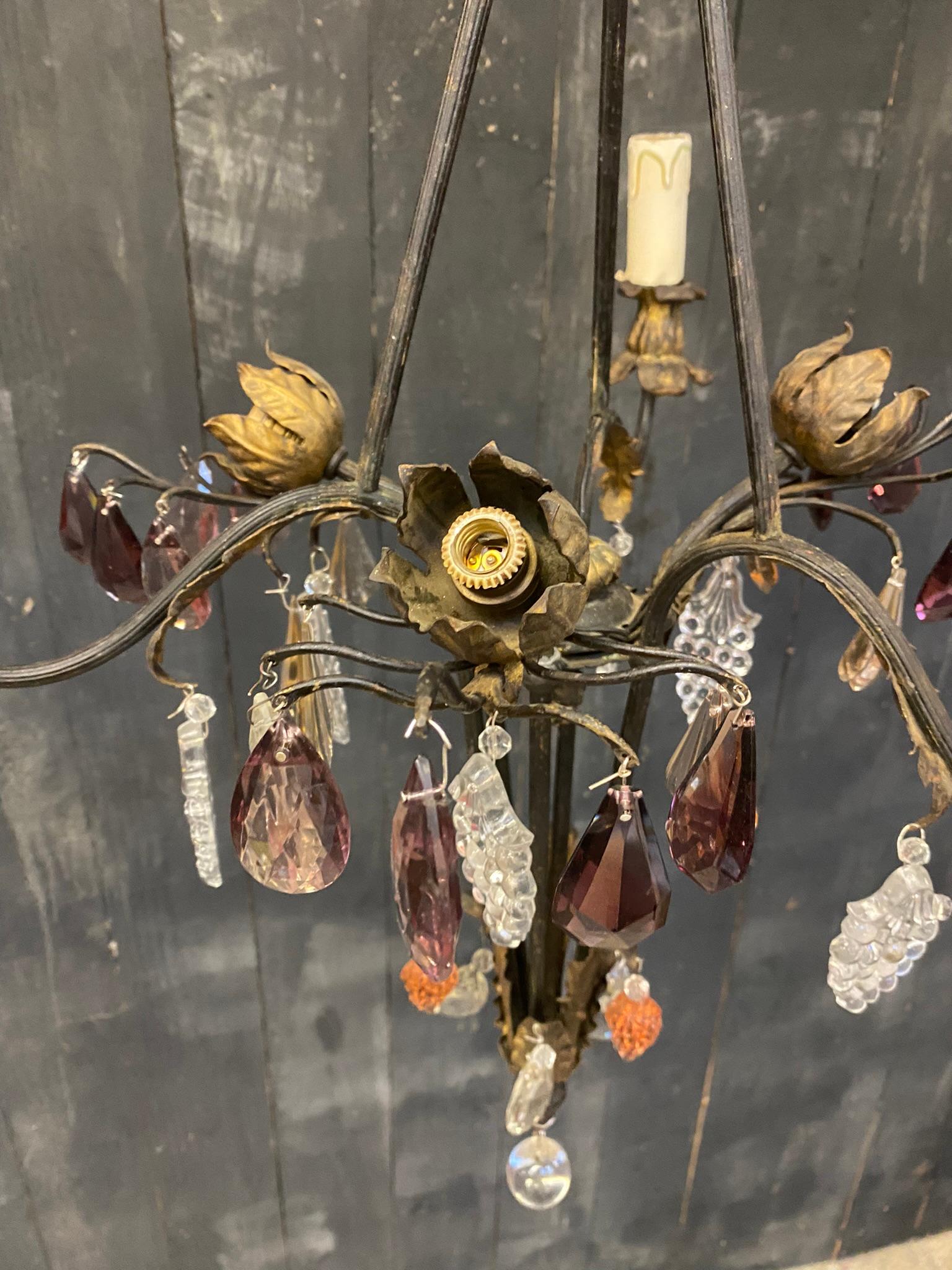 French Chandelier in Wrought Iron, Crystal and Glass Style of Maison Baguès For Sale 1