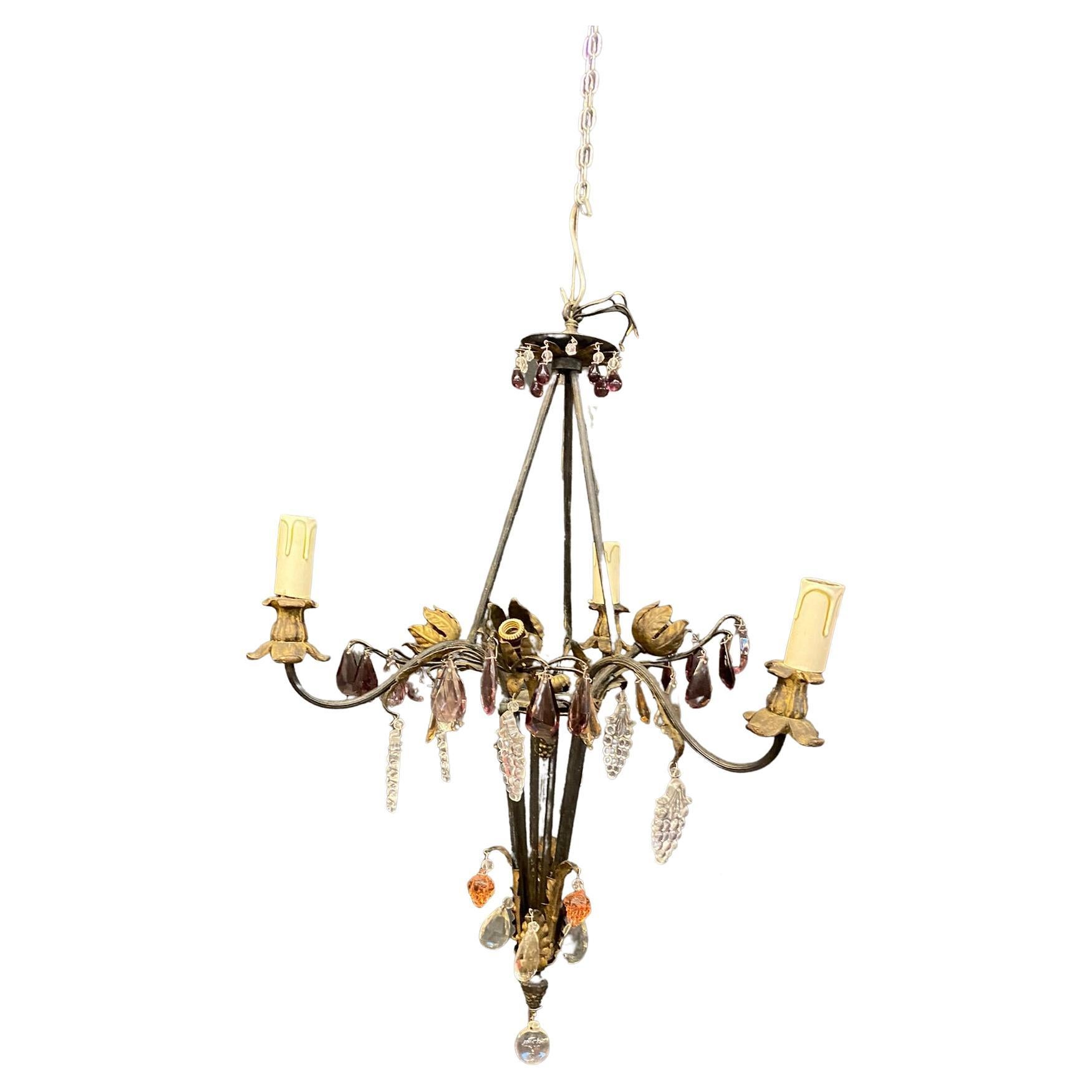 French Chandelier in Wrought Iron, Crystal and Glass Style of Maison Baguès