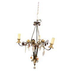 French Chandelier in Wrought Iron, Crystal and Glass Style of Maison Baguès