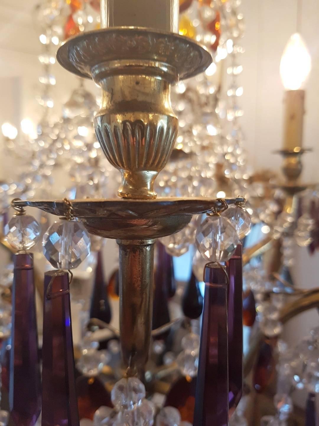 French Chandelier Made of Brass and Decorated with Colored Crystals For Sale 8