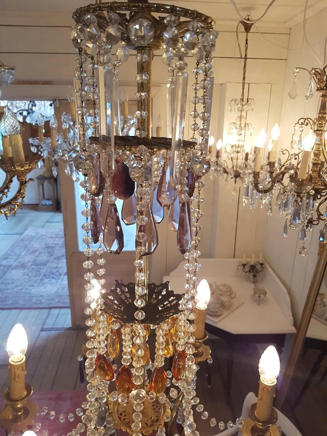 French Chandelier Made of Brass and Decorated with Colored Crystals For Sale 9